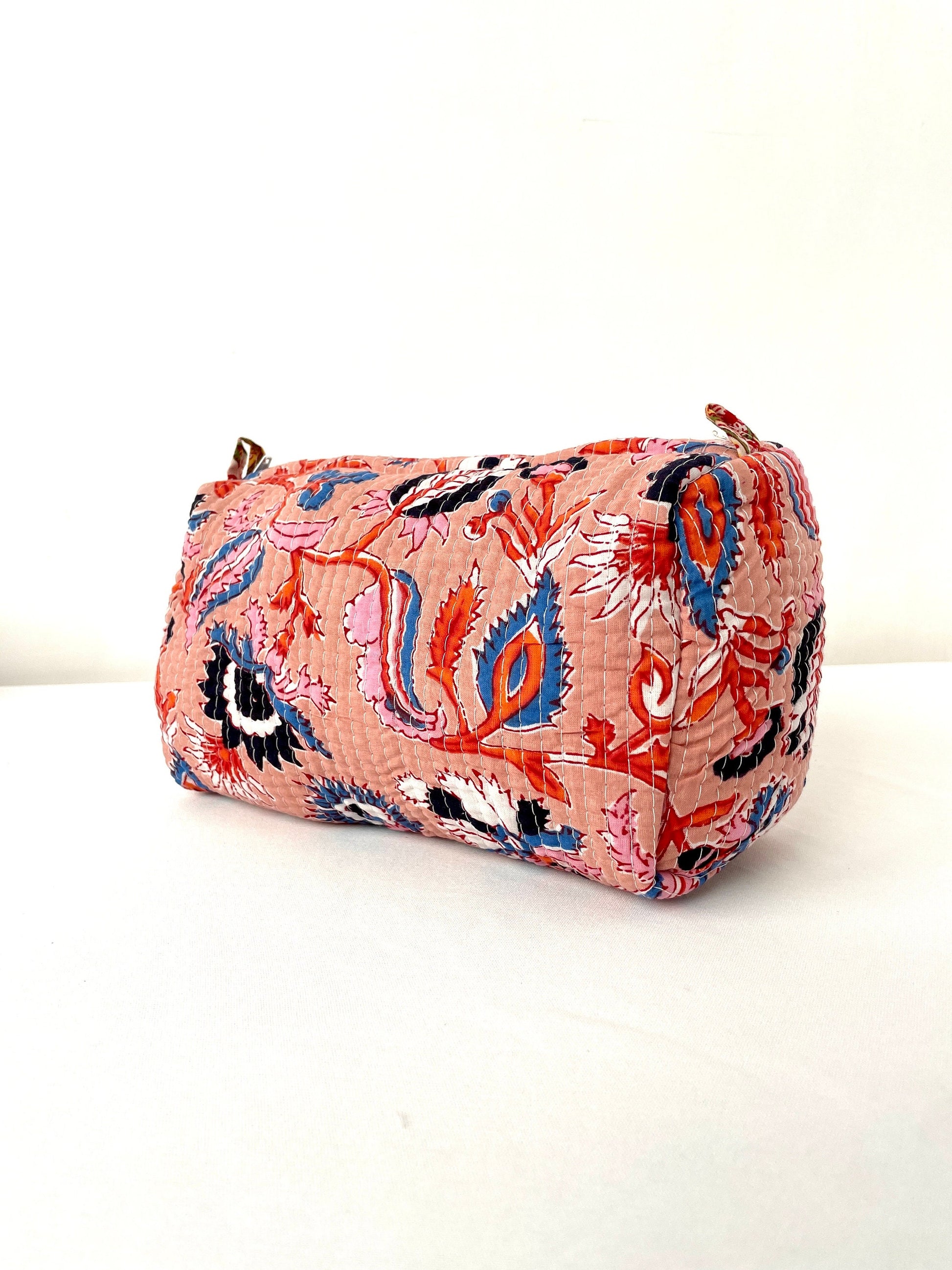 Cotton Quilted Toiletry Bag, Elegant Floral Hand Block Print Fabric Wash Bag, Pack of 3 Peach Makeup Bag, Gift for She, Her