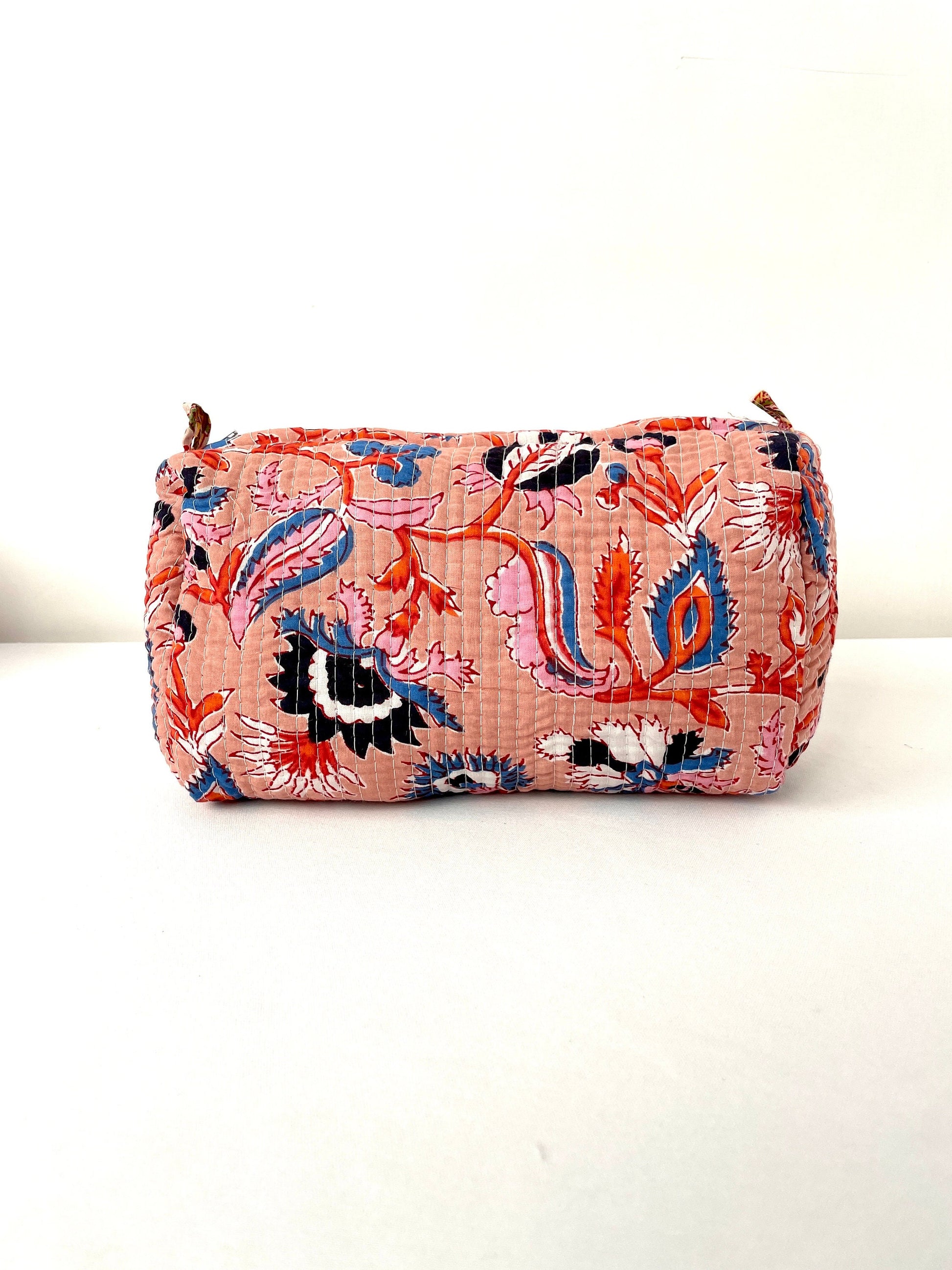 Cotton Quilted Toiletry Bag, Elegant Floral Hand Block Print Fabric Wash Bag, Pack of 3 Peach Makeup Bag, Gift for She, Her