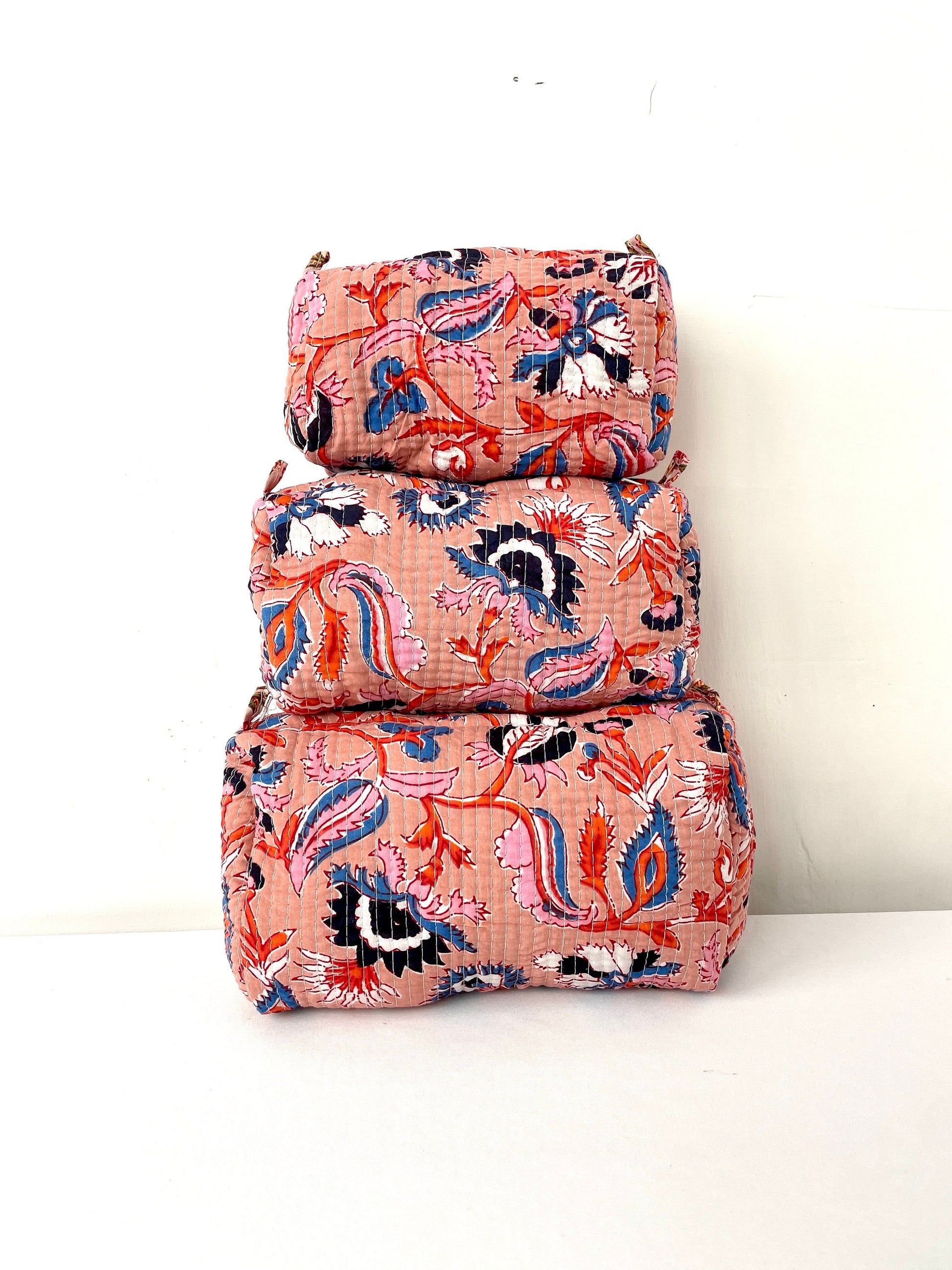 Cotton Quilted Toiletry Bag, Elegant Floral Hand Block Print Fabric Wash Bag, Pack of 3 Peach Makeup Bag, Gift for She, Her