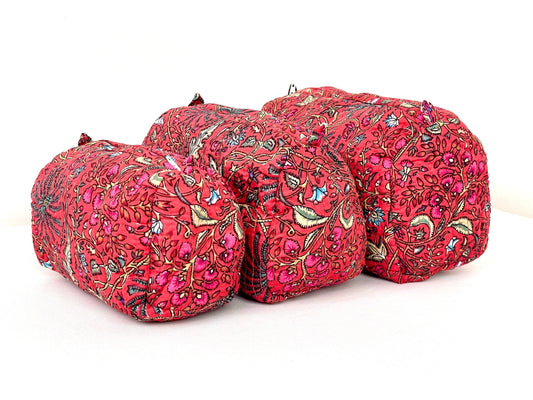 Cotton Quilted Toiletry Bag, Elegant Floral Hand Block Print Fabric Wash Bag, Pack of 3 Red Makeup Bag, Gift for She, Her
