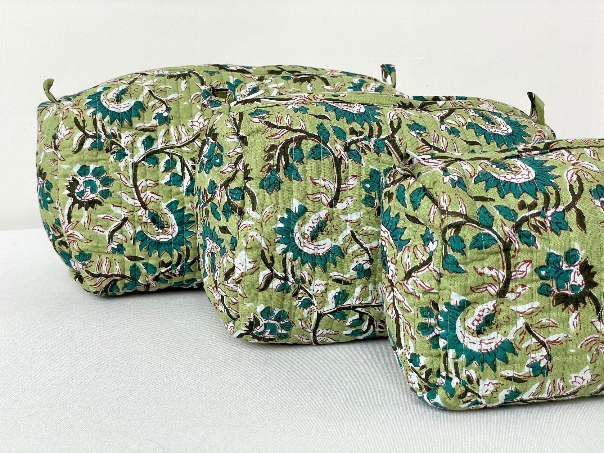 Cotton Quilted Toiletry Bag, Elegant Floral Hand Block Print Fabric Wash Bag, Pack of 3 Green & White Makeup Bag, Gift for She, Her