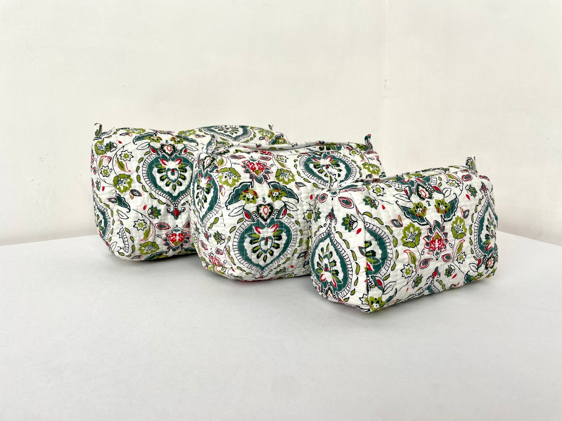 Cotton Quilted Toiletry Bag, Elegant Floral Hand Block Print Fabric Wash Bag, Pack of 3 White & Green Makeup Bag, Gift for She, Her