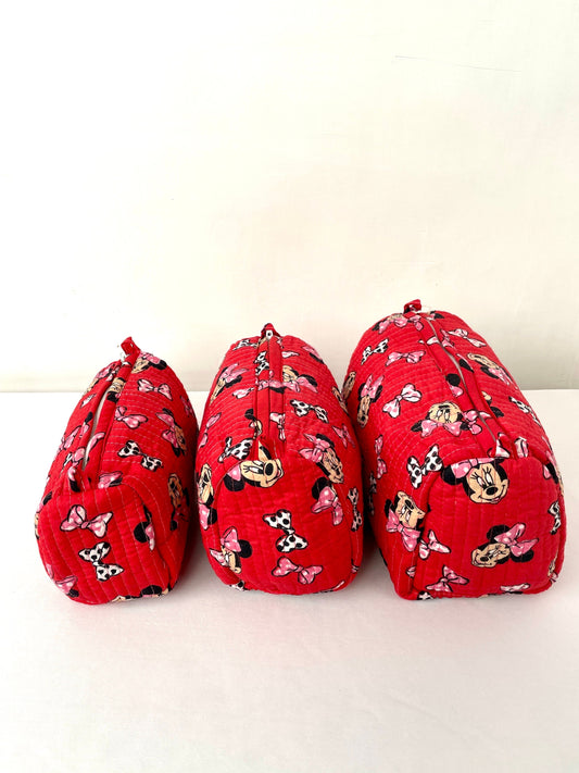 Cotton Quilted Toiletry Bag, Elegant Floral Hand Block Print Fabric Wash Bag, Pack of 3 Red Mickey Mouse Makeup Bag, Gift for She, Her