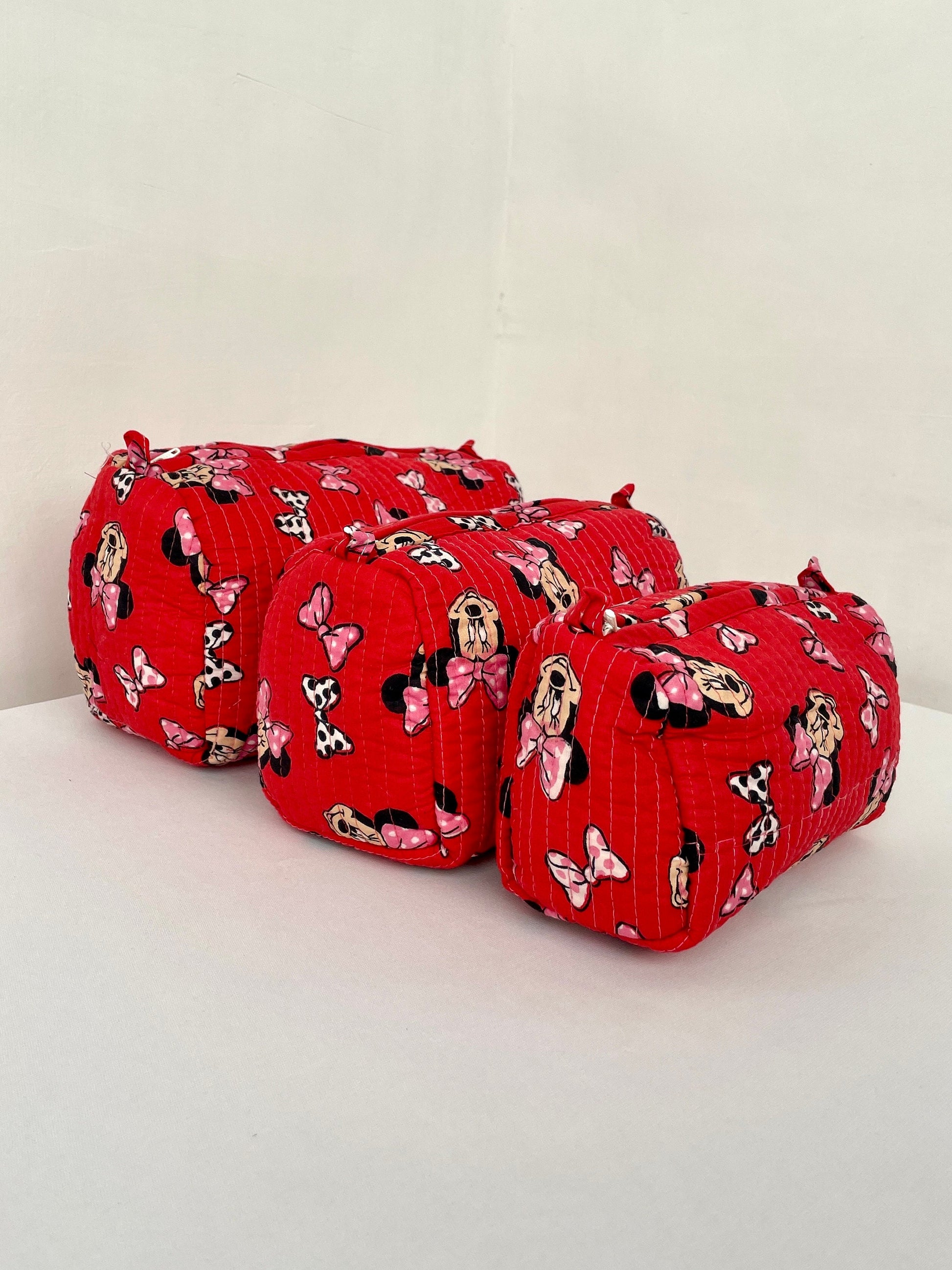 Cotton Quilted Toiletry Bag, Elegant Floral Hand Block Print Fabric Wash Bag, Pack of 3 Red Mickey Mouse Makeup Bag, Gift for She, Her
