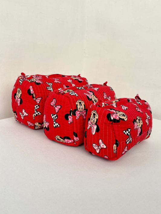 Cotton Quilted Toiletry Bag, Elegant Floral Hand Block Print Fabric Wash Bag, Pack of 3 Red Mickey Mouse Makeup Bag, Gift for She, Her