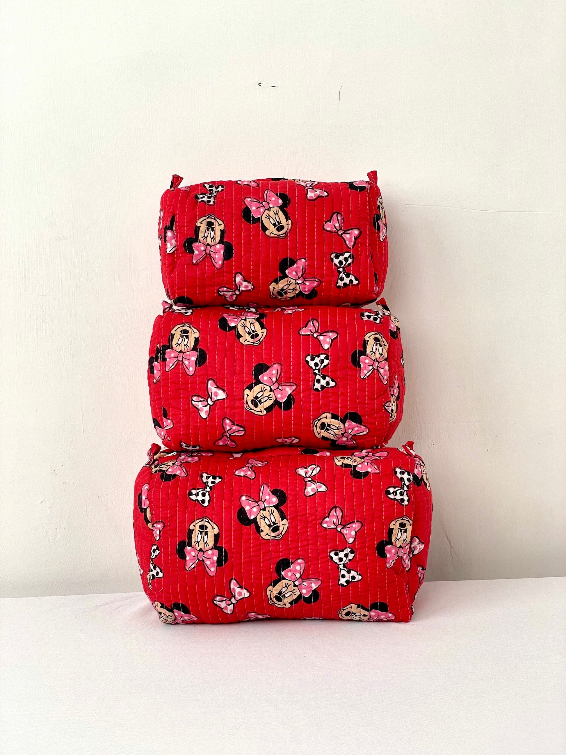 Cotton Quilted Toiletry Bag, Elegant Floral Hand Block Print Fabric Wash Bag, Pack of 3 Red Mickey Mouse Makeup Bag, Gift for She, Her