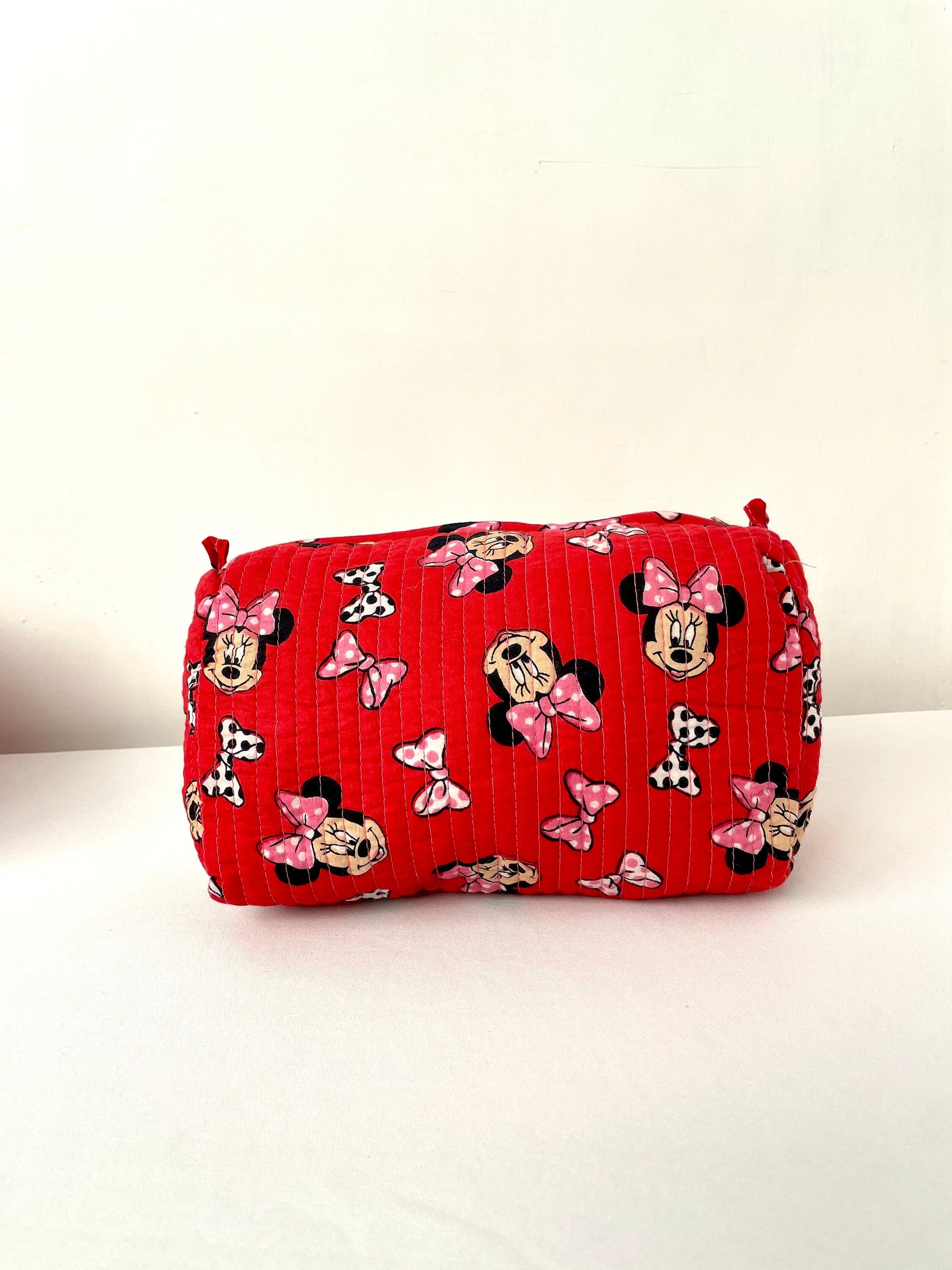 Cotton Quilted Toiletry Bag, Elegant Floral Hand Block Print Fabric Wash Bag, Pack of 3 Red Mickey Mouse Makeup Bag, Gift for She, Her