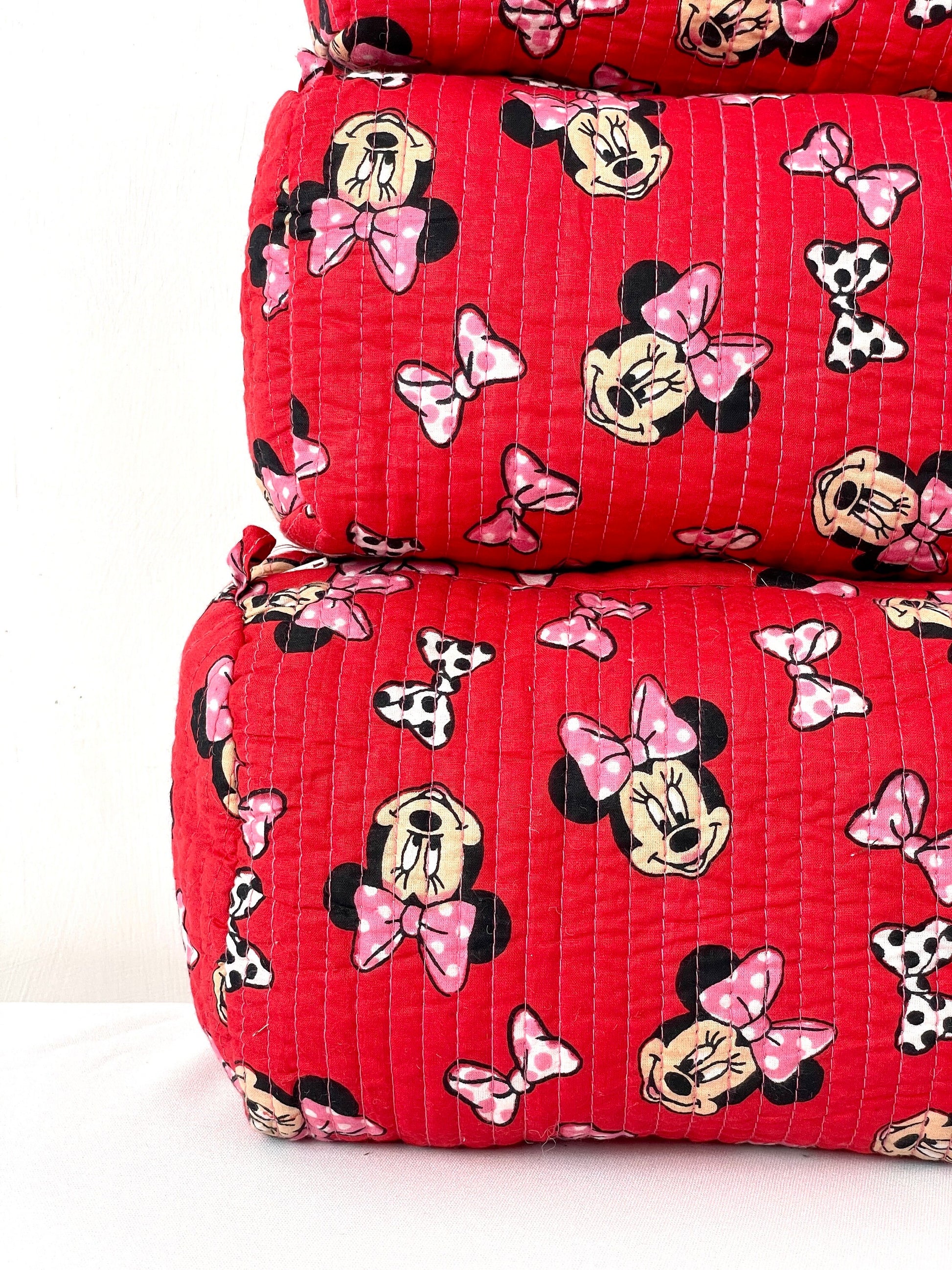 Cotton Quilted Toiletry Bag, Elegant Floral Hand Block Print Fabric Wash Bag, Pack of 3 Red Mickey Mouse Makeup Bag, Gift for She, Her