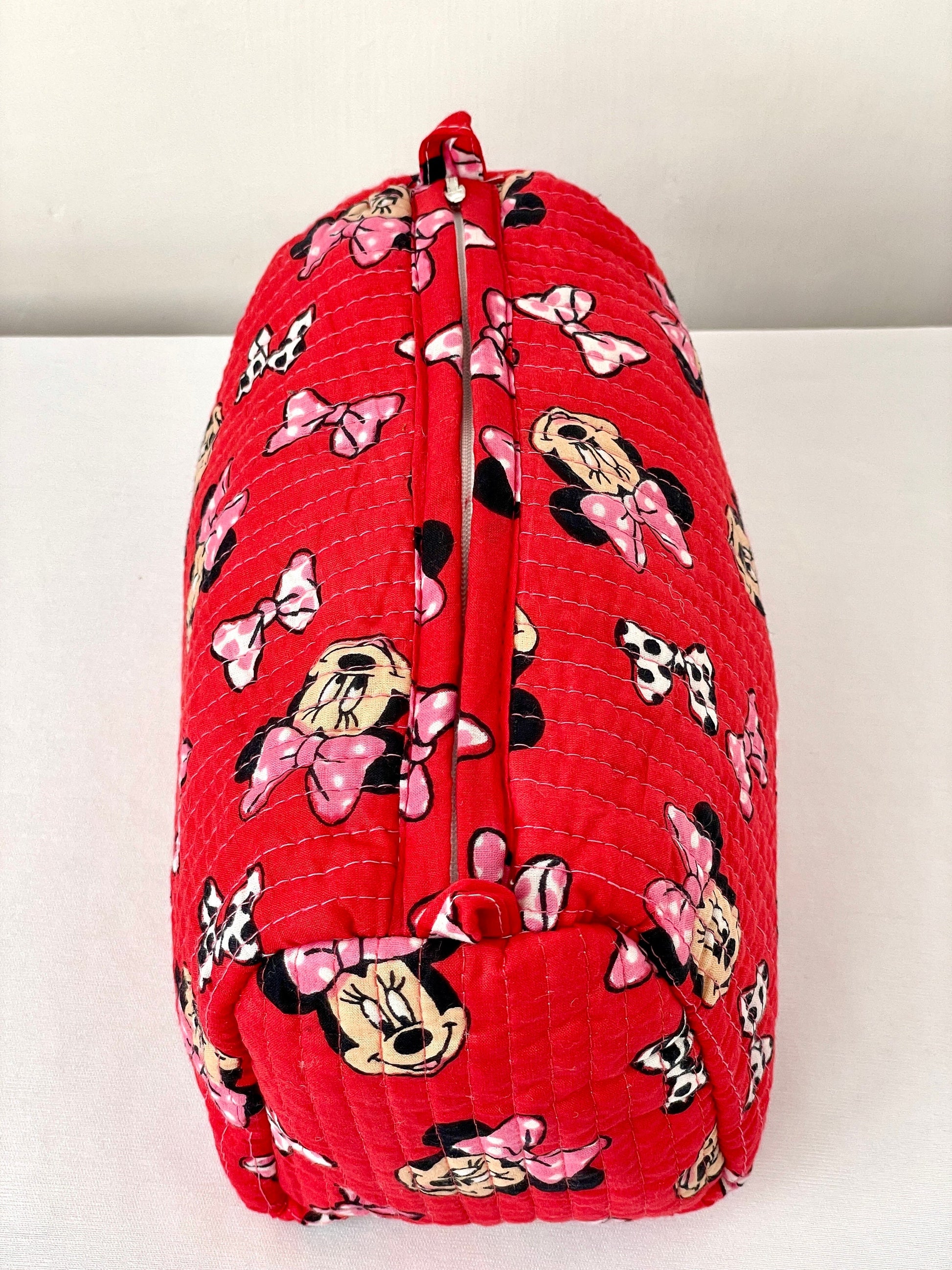 Cotton Quilted Toiletry Bag, Elegant Floral Hand Block Print Fabric Wash Bag, Pack of 3 Red Mickey Mouse Makeup Bag, Gift for She, Her