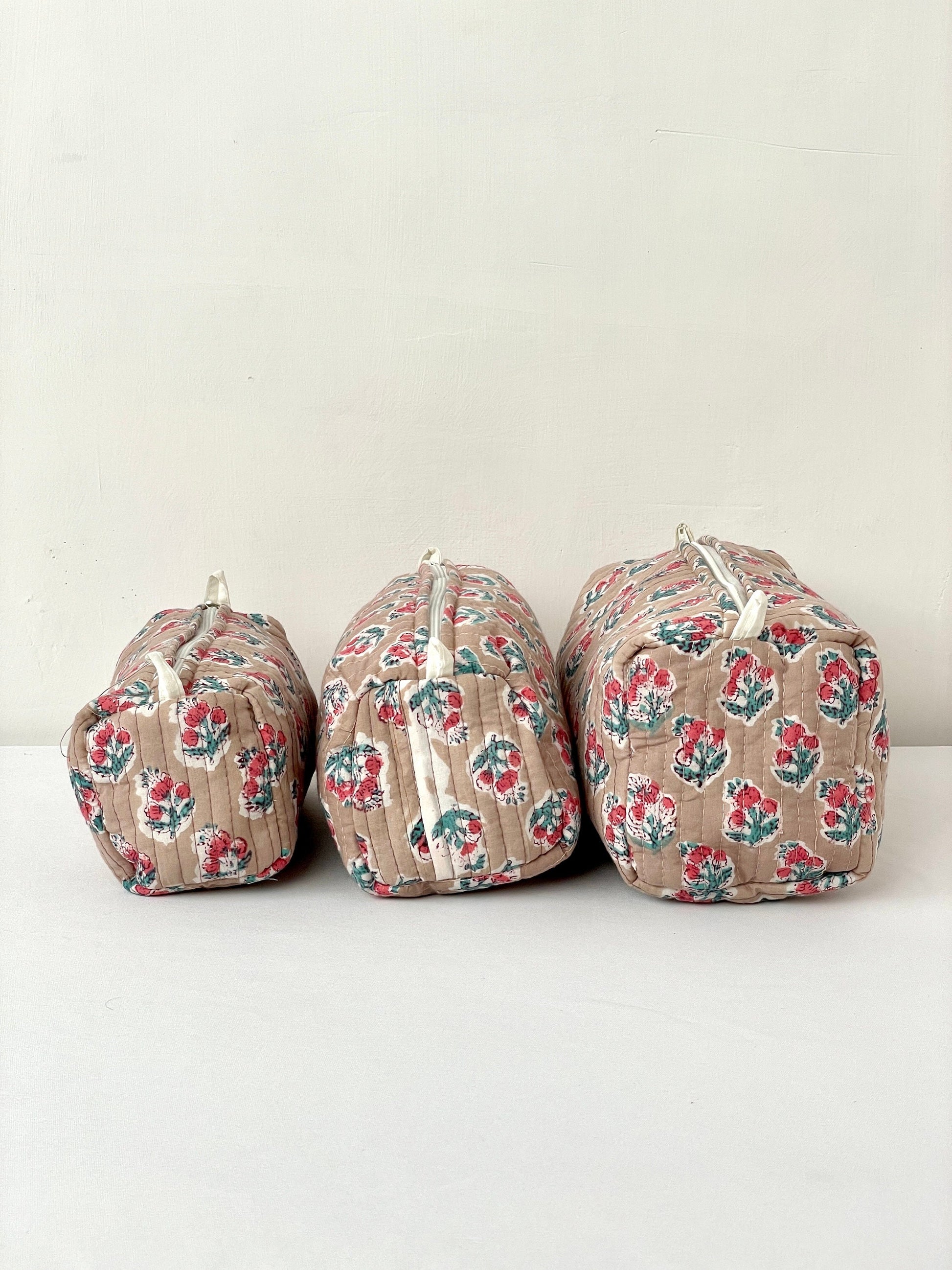 Cotton Quilted Toiletry Bag, Elegant Floral Hand Block Print Fabric Wash Bag, Pack of 3 Brown Makeup Bag, Gift for She, Her