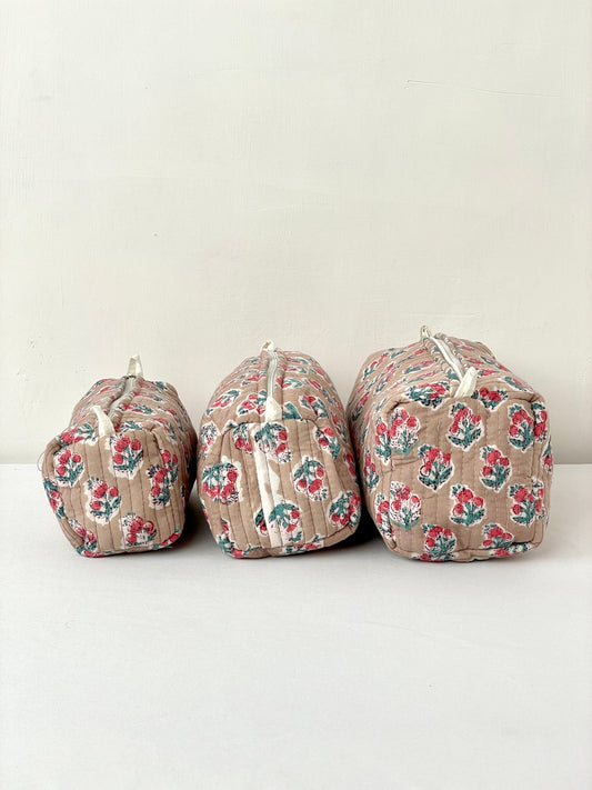 Cotton Quilted Toiletry Bag, Elegant Floral Hand Block Print Fabric Wash Bag, Pack of 3 Brown Makeup Bag, Gift for She, Her