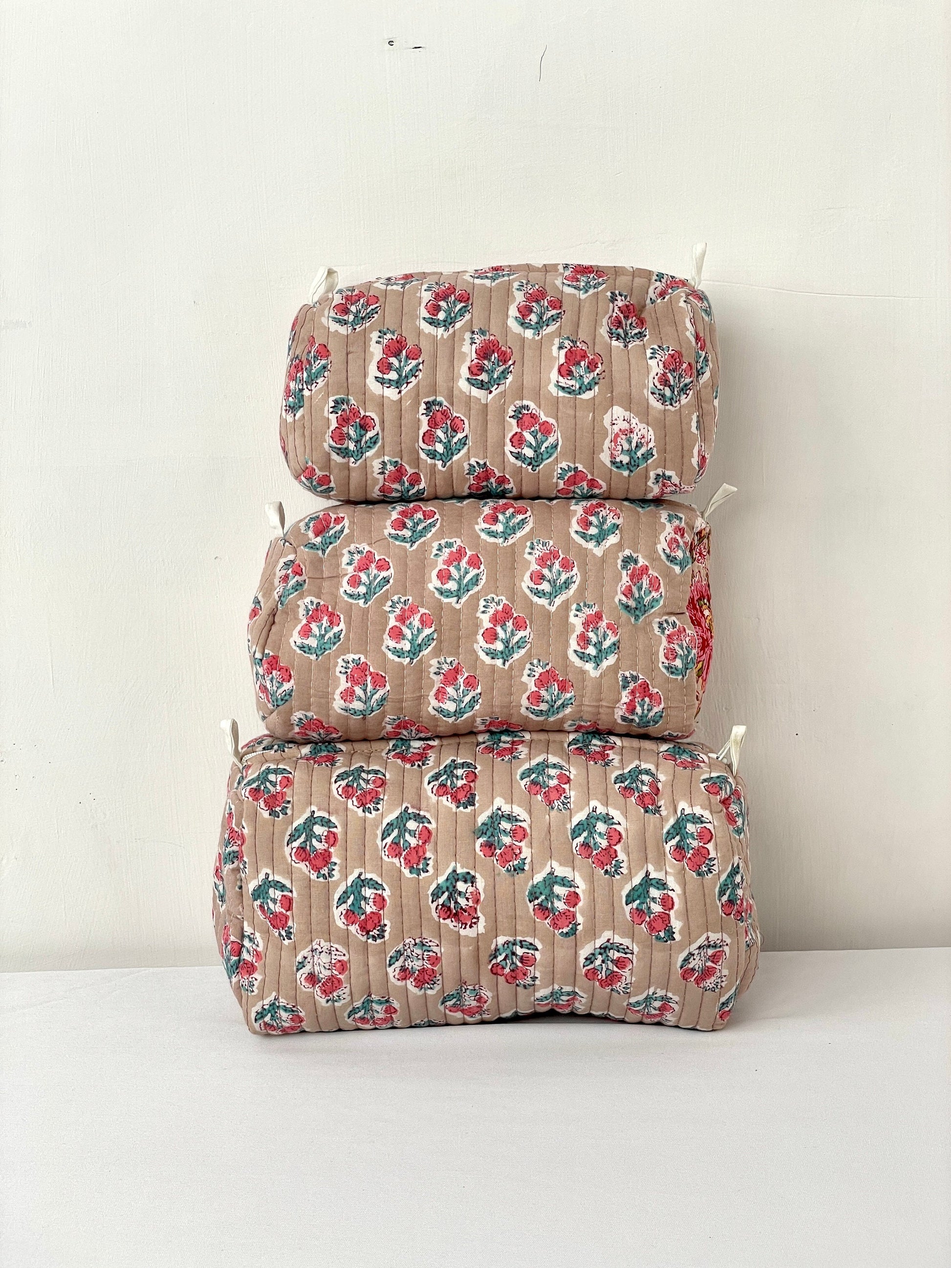 Cotton Quilted Toiletry Bag, Elegant Floral Hand Block Print Fabric Wash Bag, Pack of 3 Brown Makeup Bag, Gift for She, Her