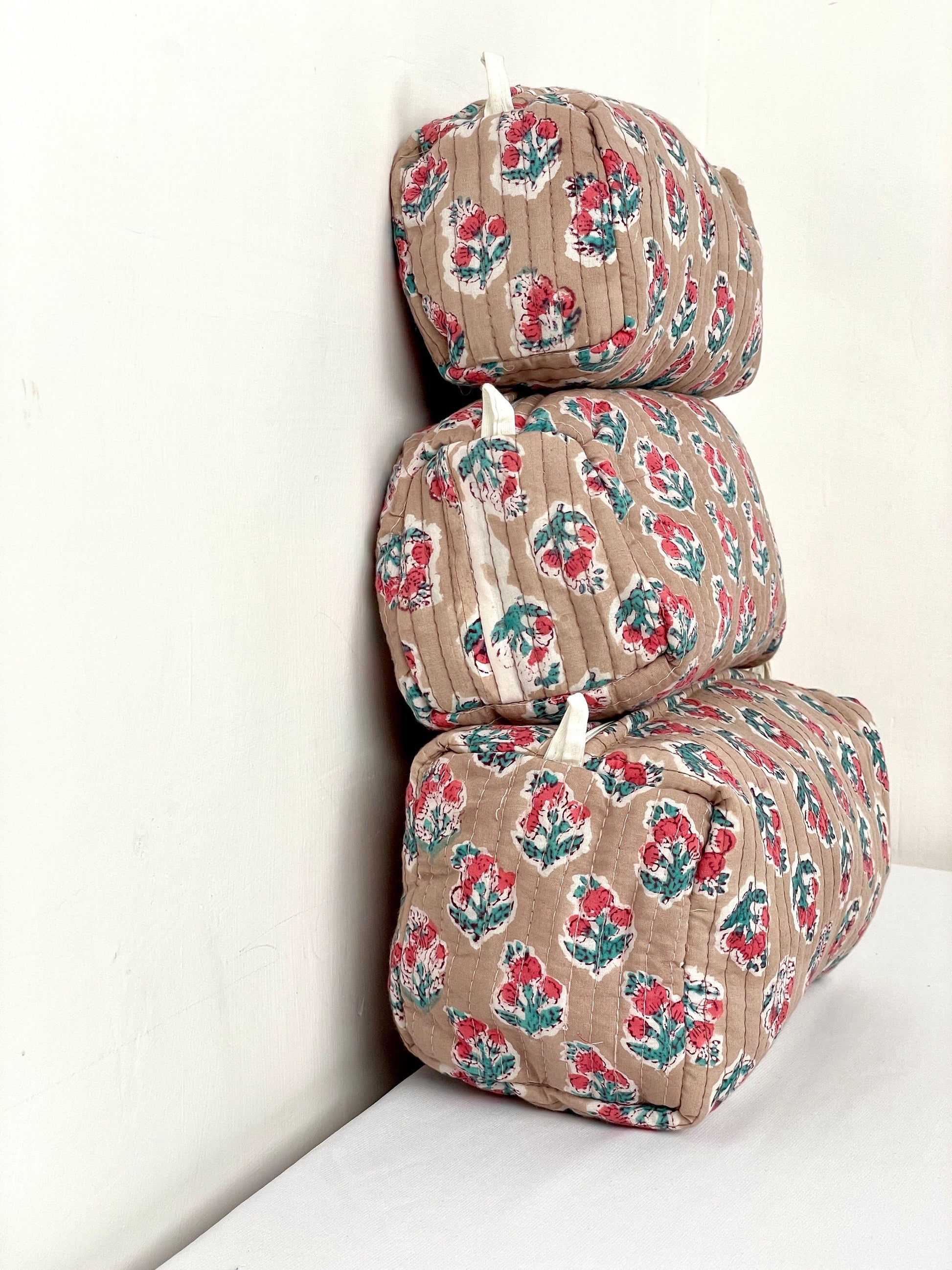 Cotton Quilted Toiletry Bag, Elegant Floral Hand Block Print Fabric Wash Bag, Pack of 3 Brown Makeup Bag, Gift for She, Her