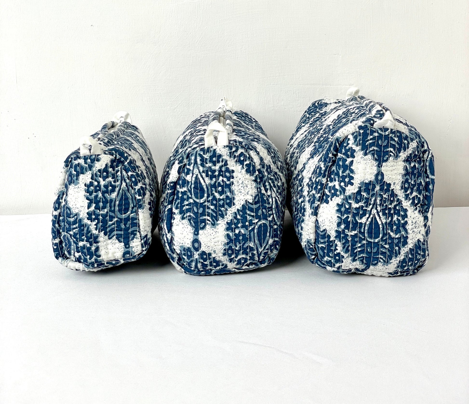 Cotton Quilted Toiletry Bag, Elegant Floral Hand Block Print Fabric Wash Bag, Pack of 3 Blue & White Makeup Bag, Gift for She, Her