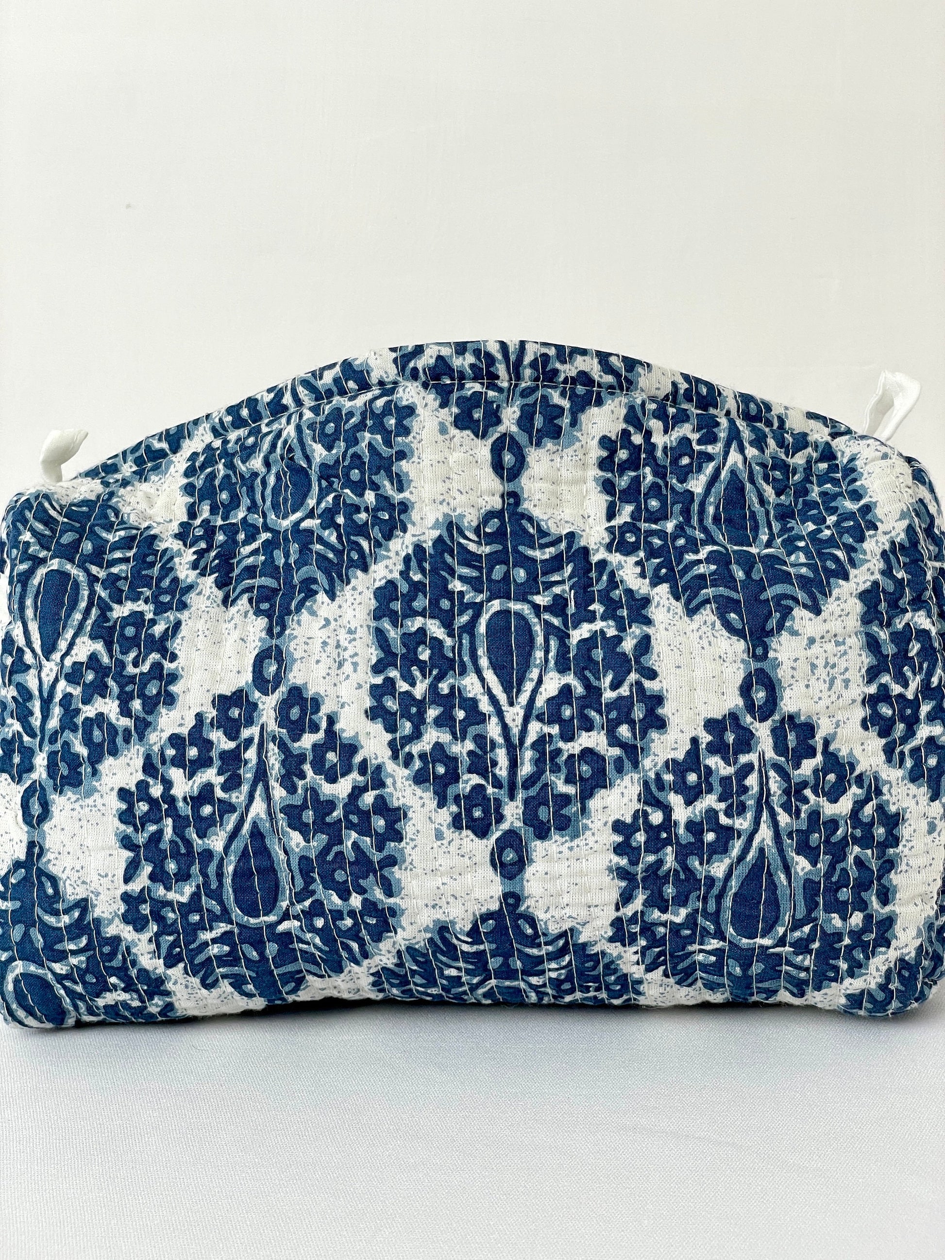 Cotton Quilted Toiletry Bag, Elegant Floral Hand Block Print Fabric Wash Bag, Pack of 3 Blue & White Makeup Bag, Gift for She, Her