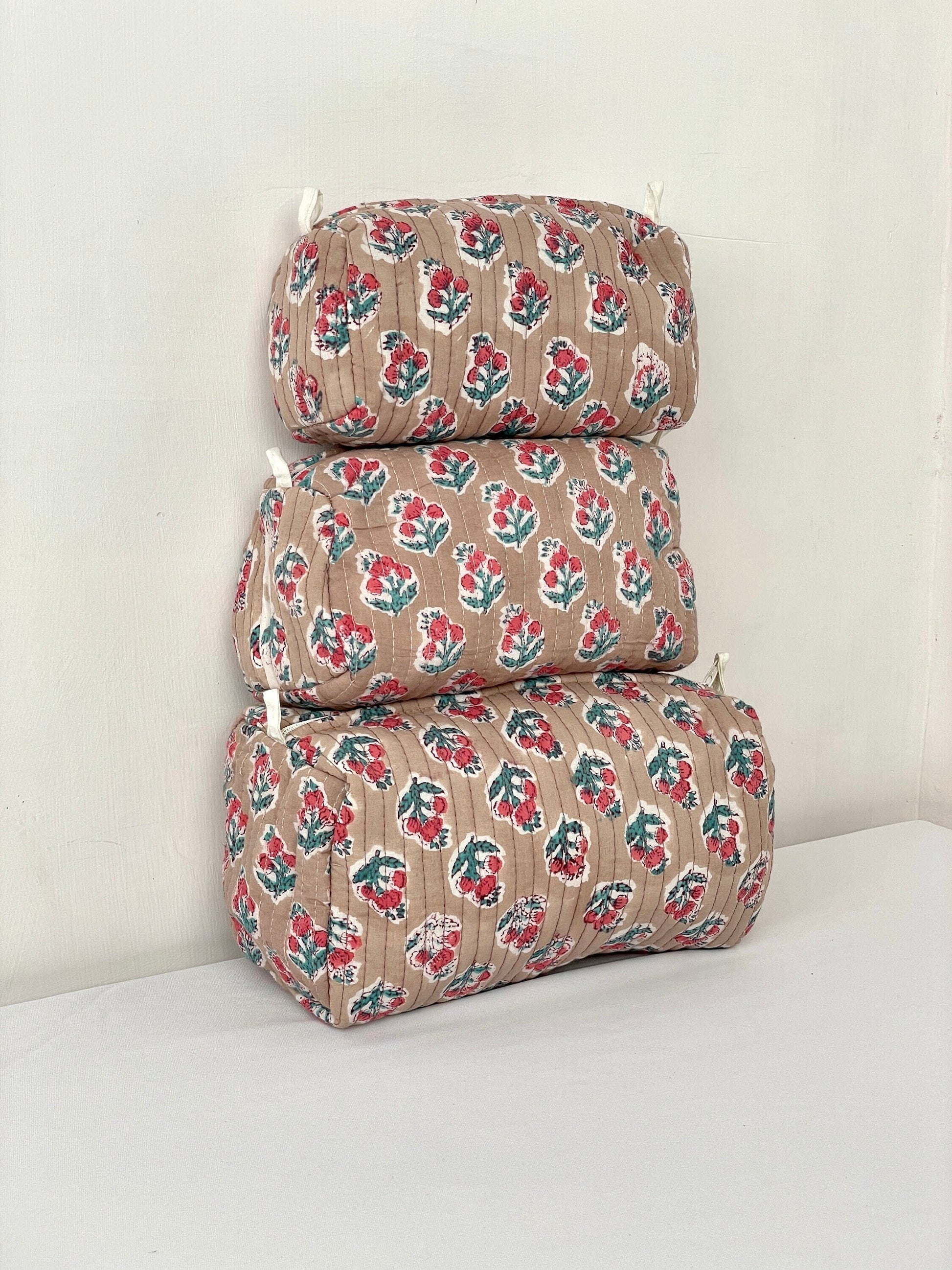 Cotton Quilted Toiletry Bag, Elegant Floral Hand Block Print Fabric Wash Bag, Pack of 3 Brown Makeup Bag, Gift for She, Her