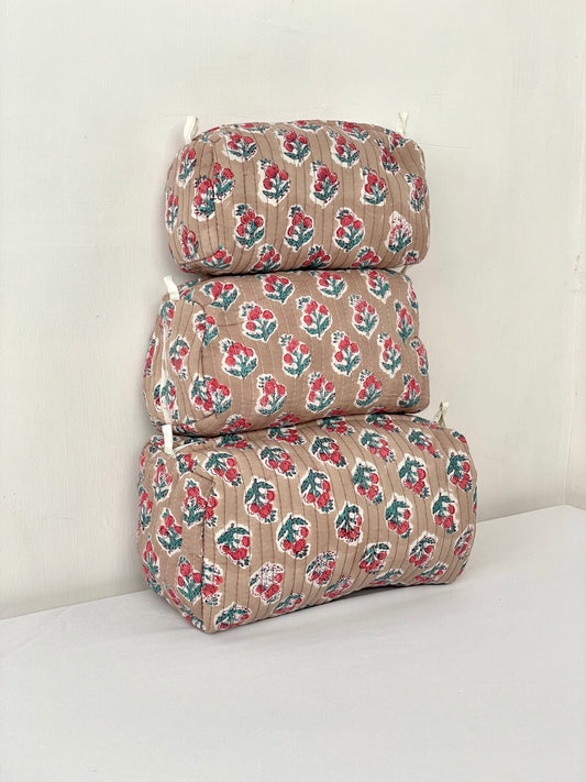 Cotton Quilted Toiletry Bag, Elegant Floral Hand Block Print Fabric Wash Bag, Pack of 3 Brown Makeup Bag, Gift for She, Her