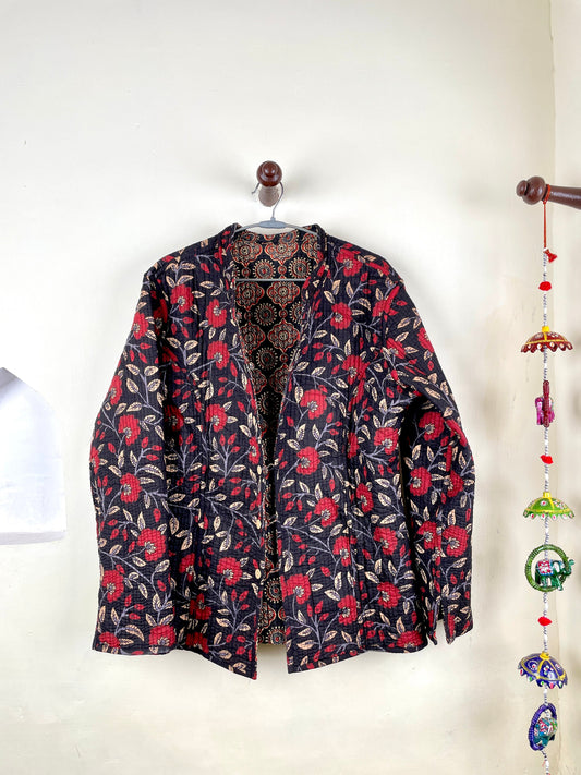 Indian Handmade Quilted Fabric Jacket Stylish Black & Red Floral Women's Coat, Reversible Jacket for Her