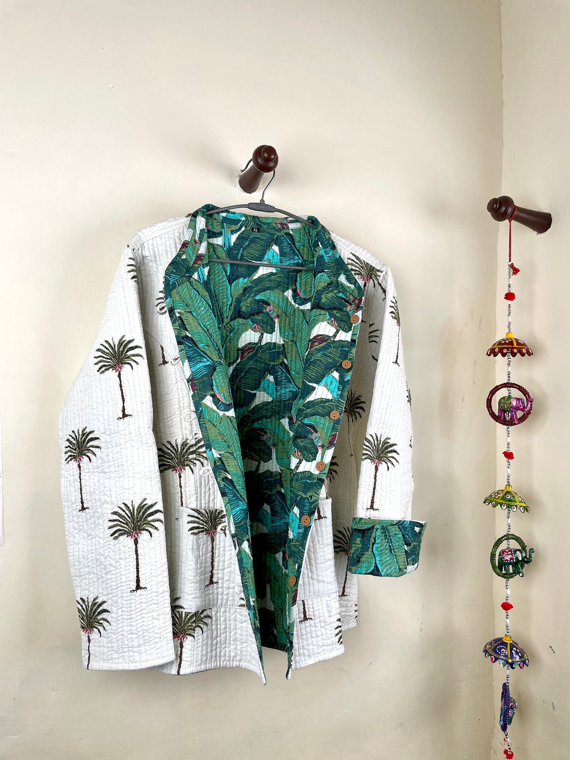 Indian Handmade Quilted Fabric Jacket Stylish White & Green Floral Women's Coat, Reversible Jacket for Her