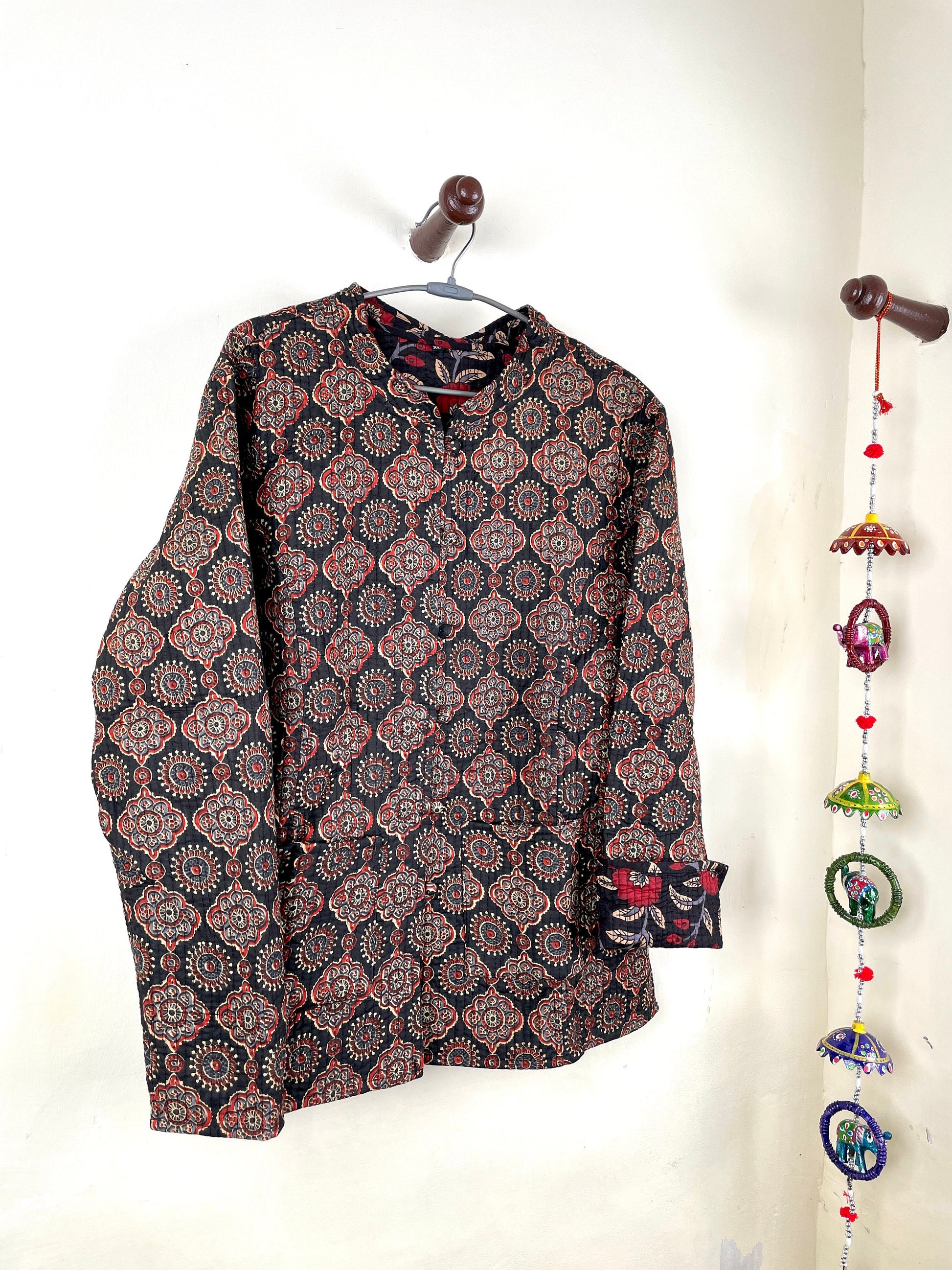 Indian Handmade Quilted Fabric Jacket Stylish Black & Red Floral Women's Coat, Reversible Jacket for Her
