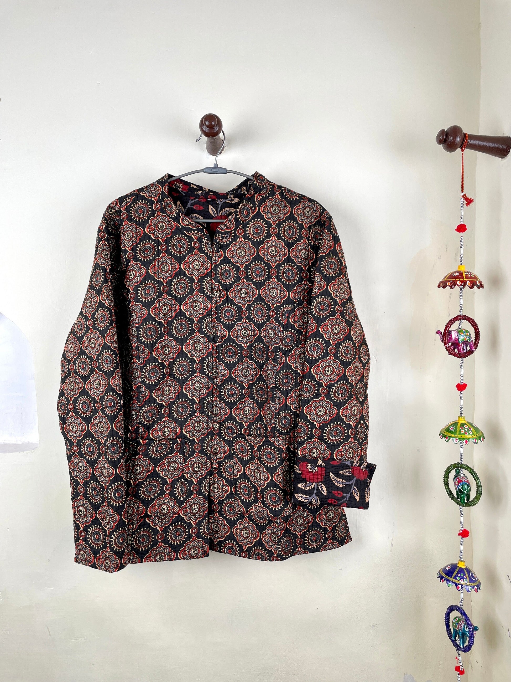 Indian Handmade Quilted Fabric Jacket Stylish Black & Red Floral Women's Coat, Reversible Jacket for Her