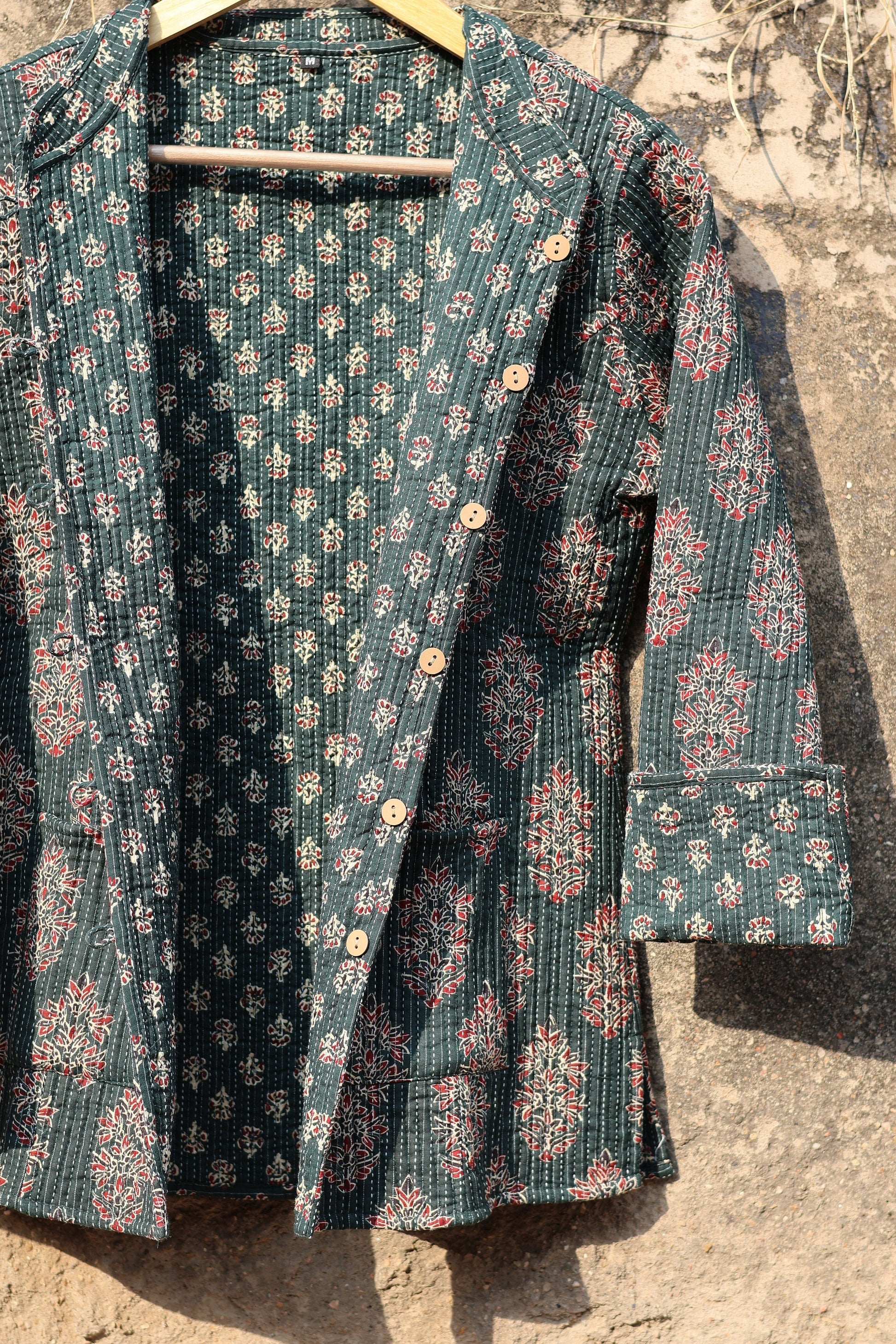 Indian Handmade Quilted Kantha Cotton Fabric Jacket Stylish Green Floral Women's Coat, Reversible Waistcoat for Her