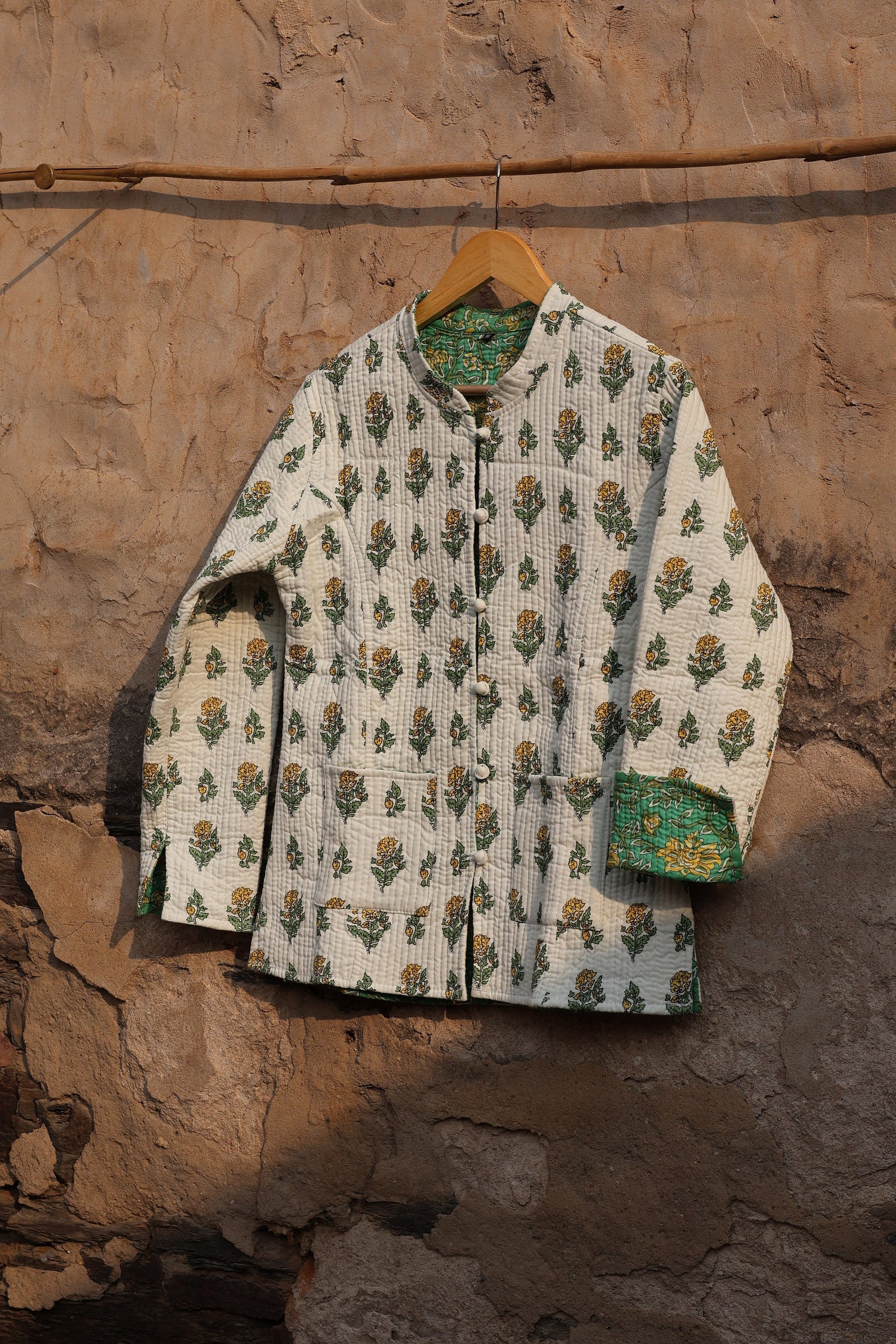 Indian Handmade Quilted Cotton Fabric Jacket Stylish White & Green Floral Women's Coat, Reversible Waistcoat for Her