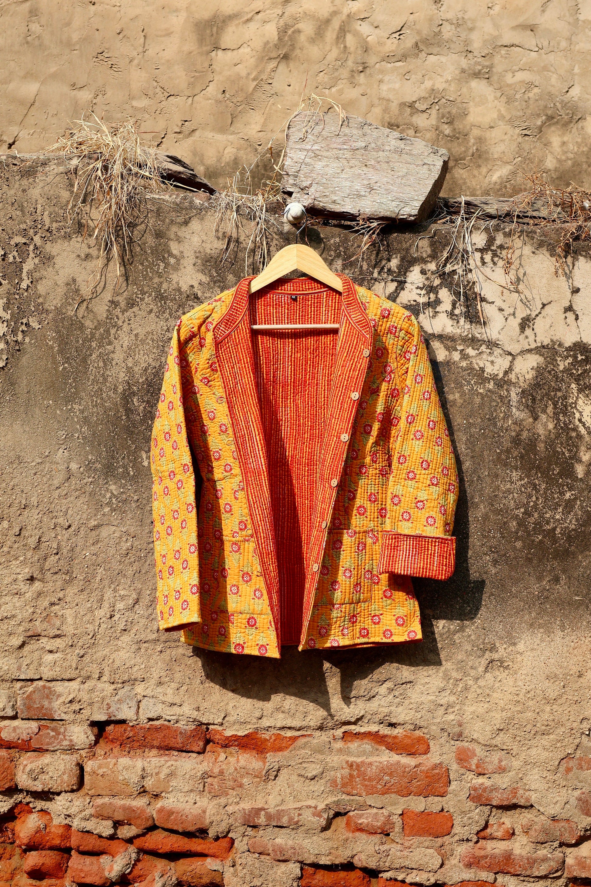 Indian Handmade Quilted Kantha Cotton Fabric Jacket Stylish Yellow Floral Women's Coat, Reversible Waistcoat for Her