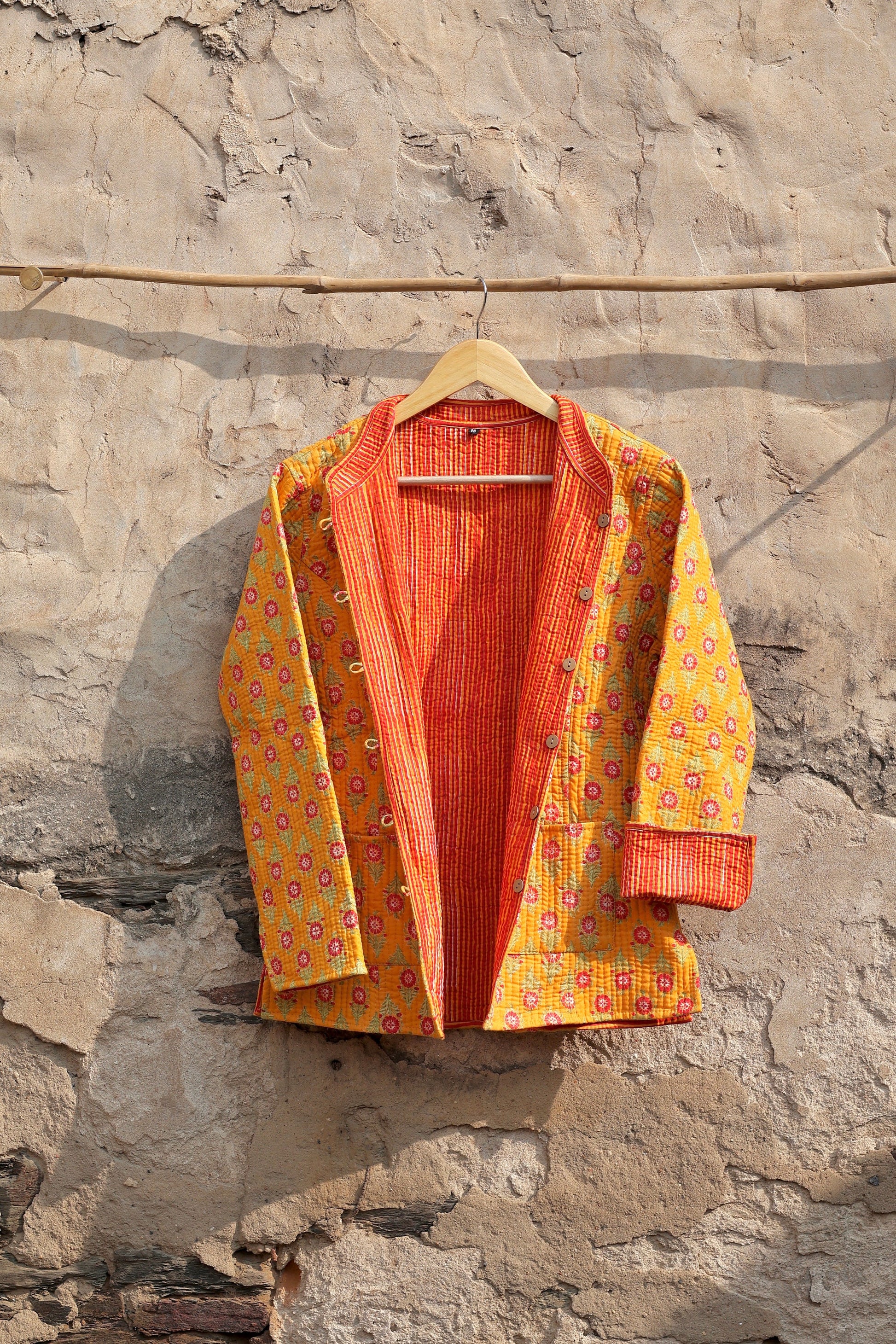 Indian Handmade Quilted Kantha Cotton Fabric Jacket Stylish Yellow Floral Women's Coat, Reversible Waistcoat for Her