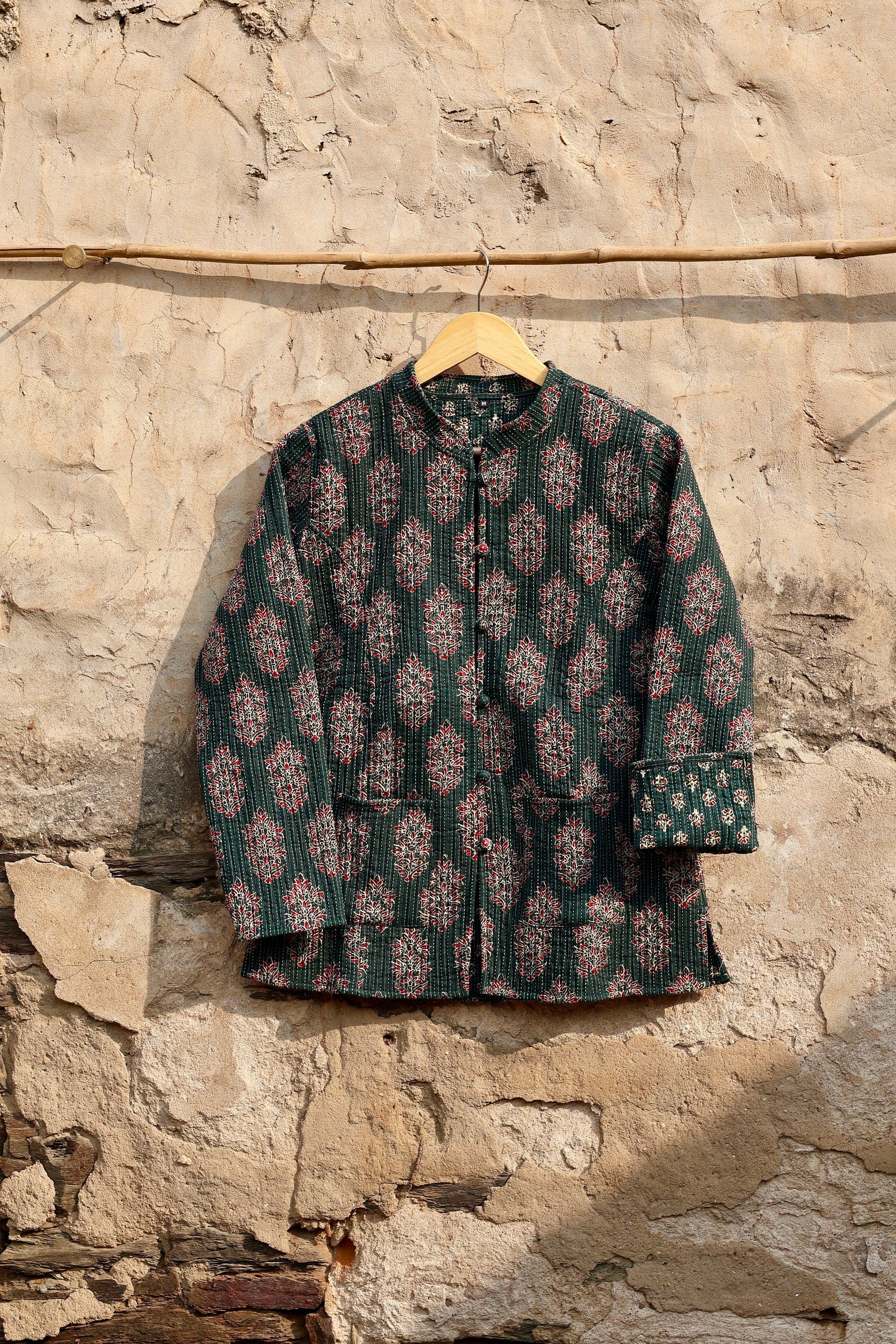 Indian Handmade Quilted Kantha Cotton Fabric Jacket Stylish Green Floral Women's Coat, Reversible Waistcoat for Her