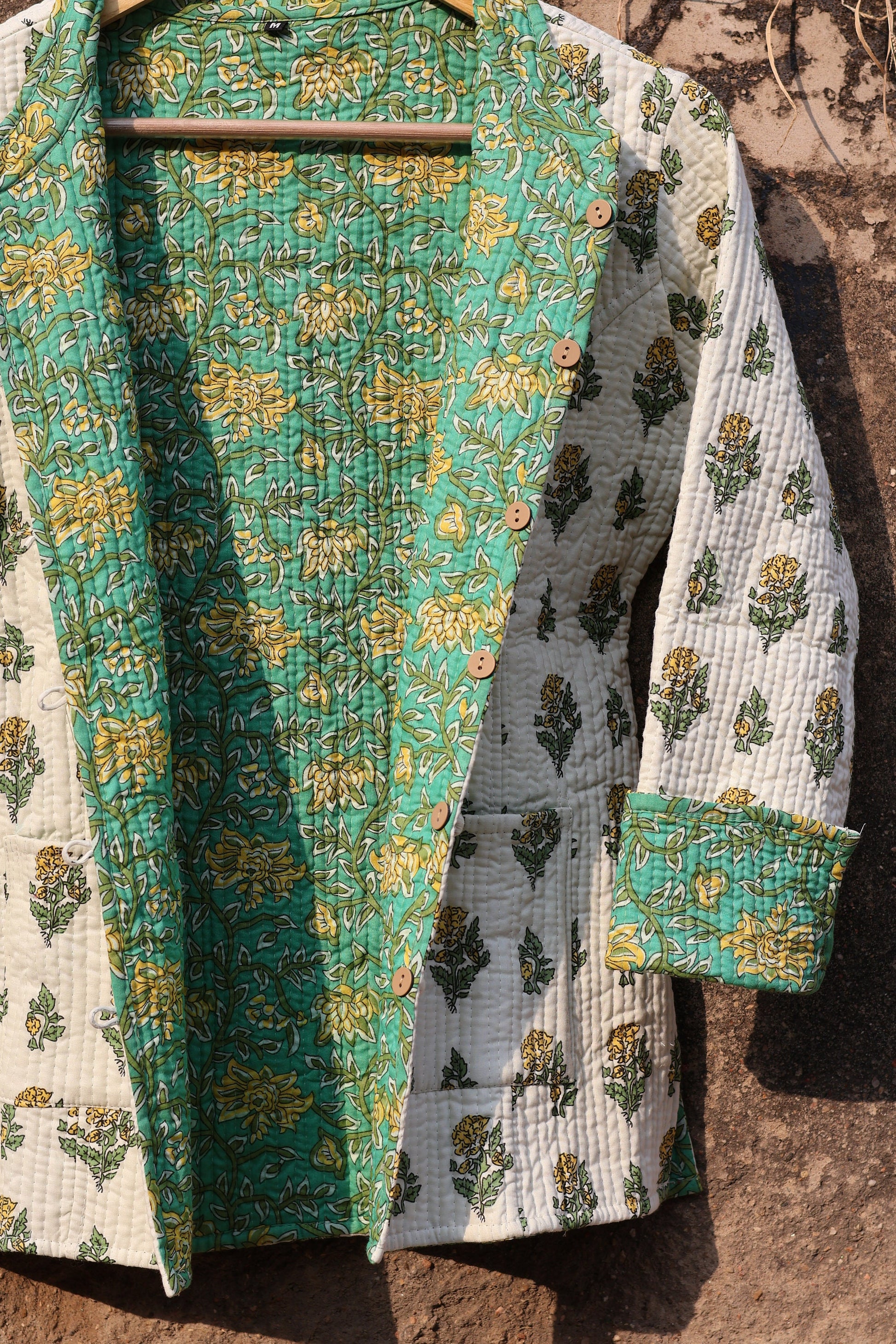 Indian Handmade Quilted Cotton Fabric Jacket Stylish White & Green Floral Women's Coat, Reversible Waistcoat for Her