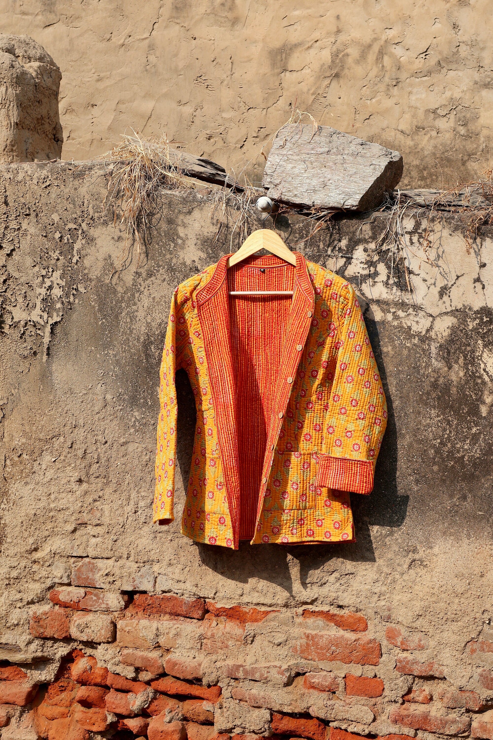 Indian Handmade Quilted Kantha Cotton Fabric Jacket Stylish Yellow Floral Women's Coat, Reversible Waistcoat for Her
