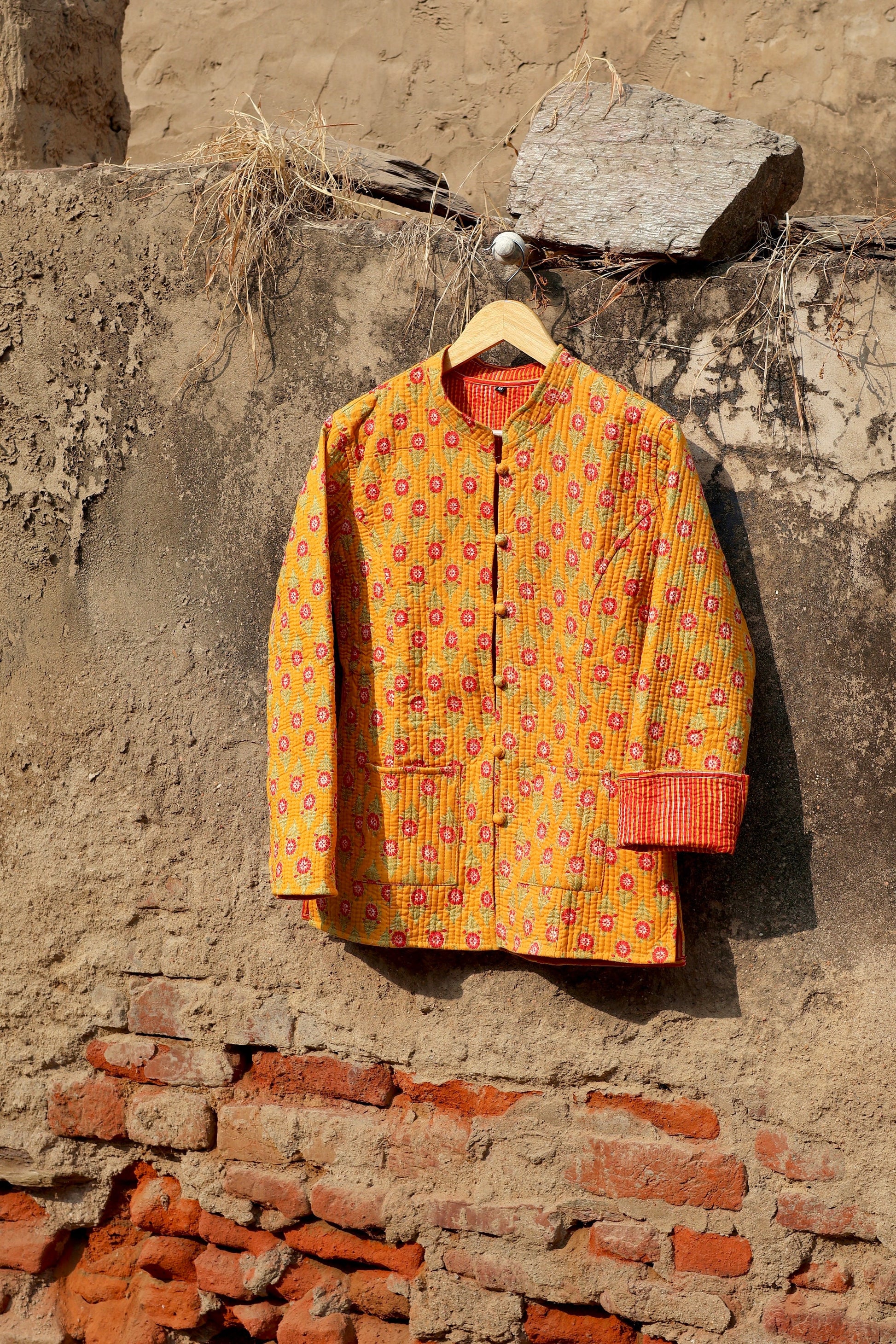 Indian Handmade Quilted Kantha Cotton Fabric Jacket Stylish Yellow Floral Women's Coat, Reversible Waistcoat for Her