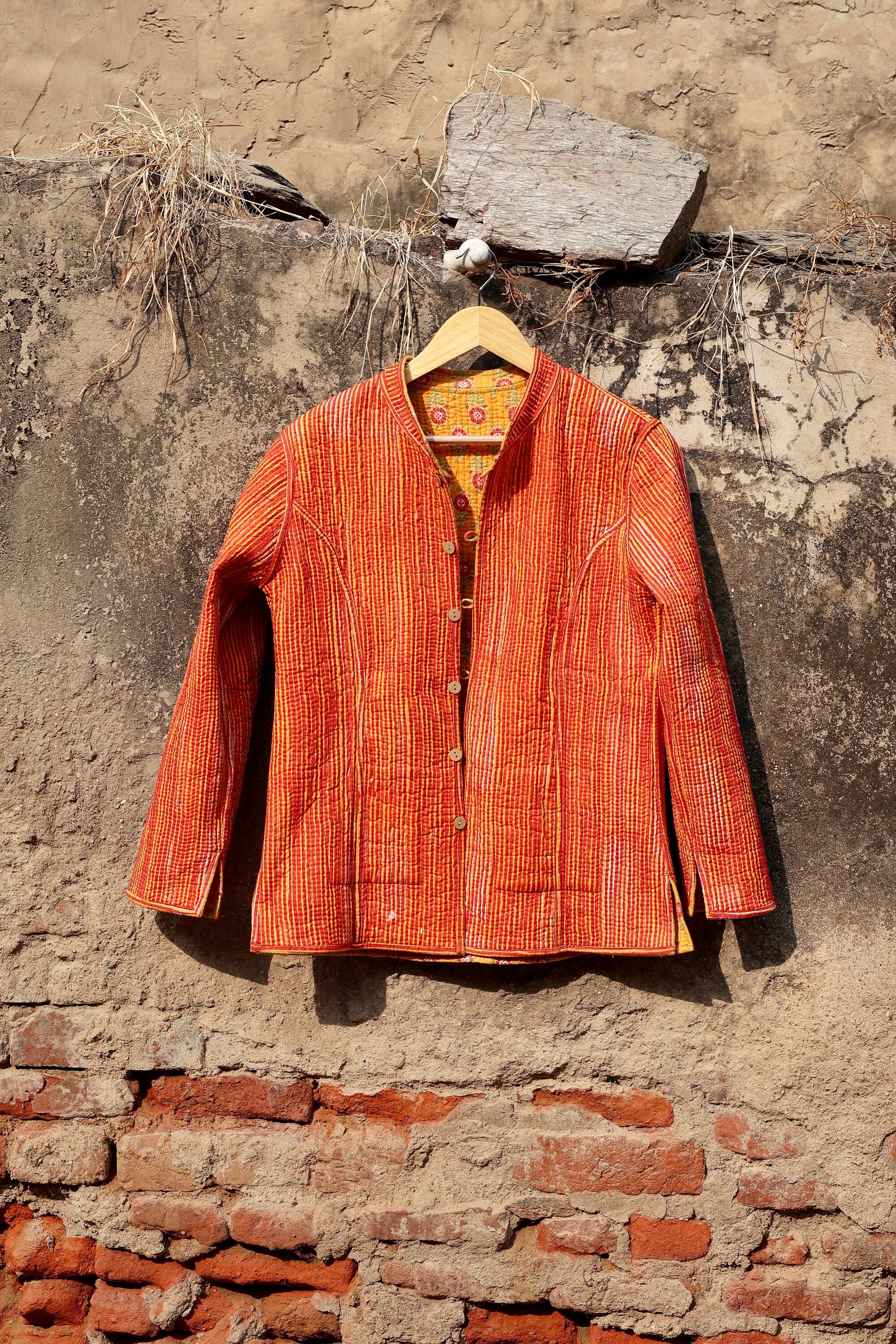 Indian Handmade Quilted Kantha Cotton Fabric Jacket Stylish Yellow Floral Women's Coat, Reversible Waistcoat for Her