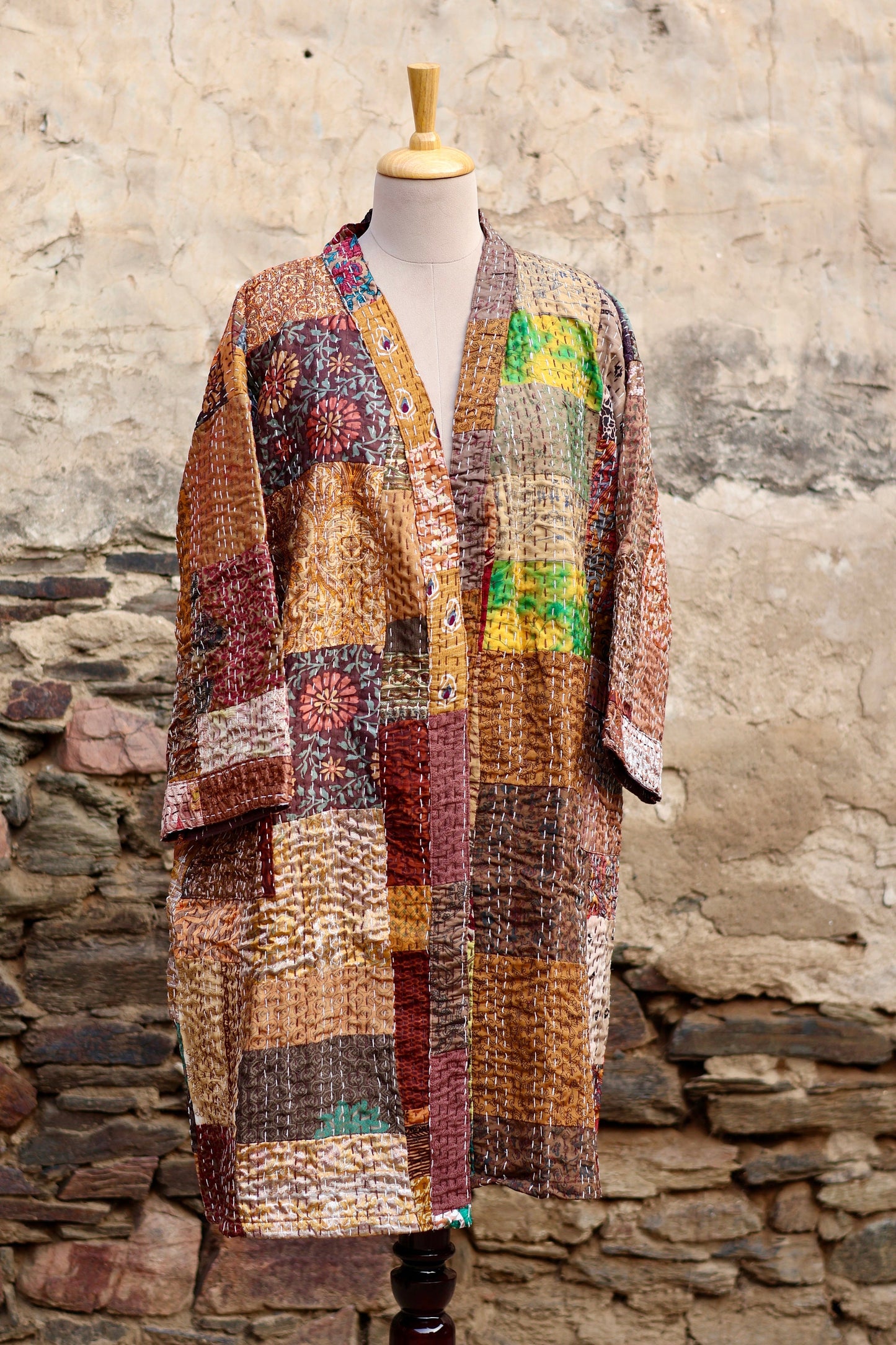 Vintage Handmade Silk Patchwork Kantha Kimono Robe | Indian Silk Kantha Jacket Kimono Robe | Bridesmaid Robe | Kantha Kimono