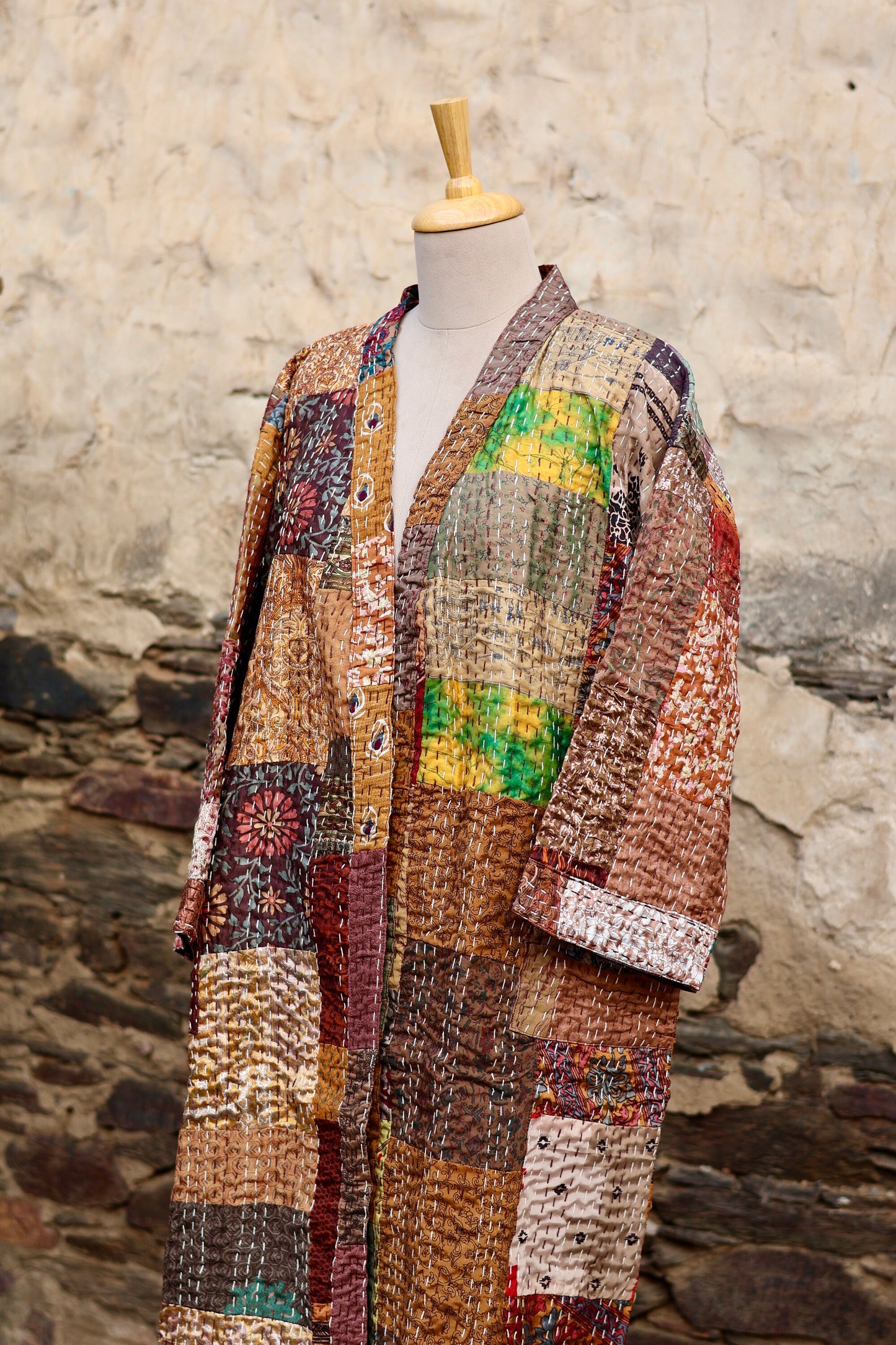 Vintage Handmade Silk Patchwork Kantha Kimono Robe | Indian Silk Kantha Jacket Kimono Robe | Bridesmaid Robe | Kantha Kimono