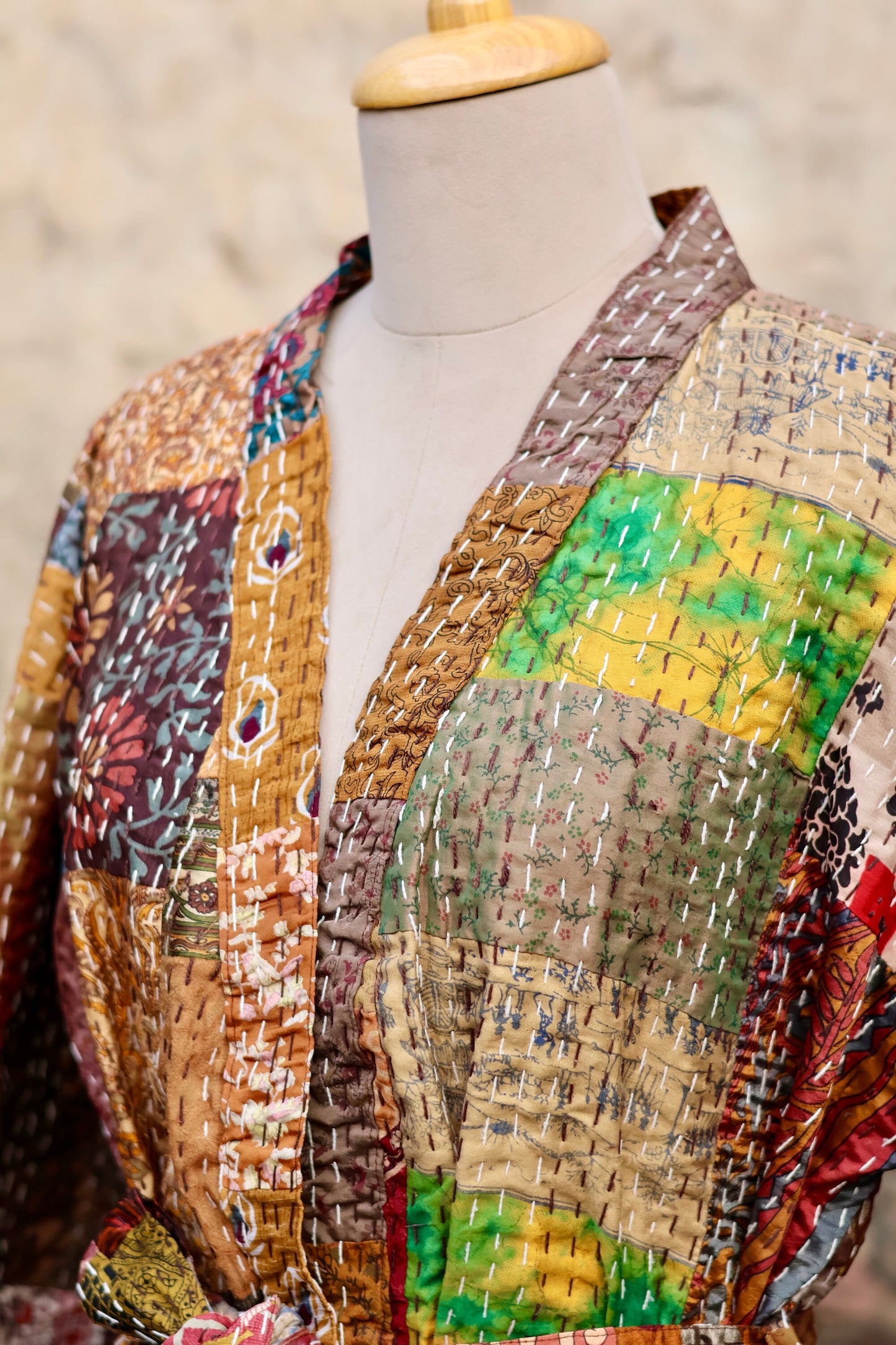 Vintage Handmade Silk Patchwork Kantha Kimono Robe | Indian Silk Kantha Jacket Kimono Robe | Bridesmaid Robe | Kantha Kimono