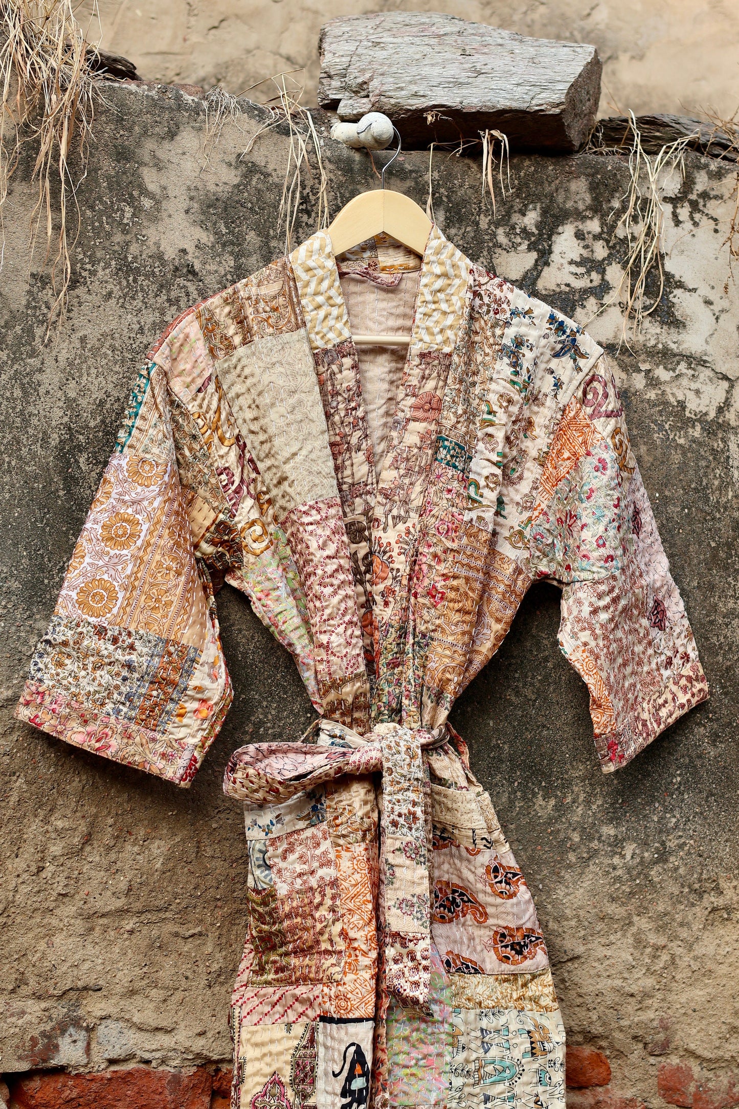 Vintage Handmade Silk Patchwork Kantha Kimono Robe | Beige Color Indian Silk Kantha Jacket Kimono Robe | Bridesmaid Robe | Kantha Kimono