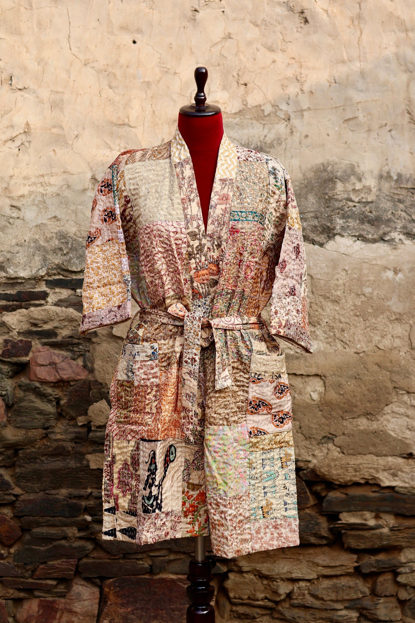 Vintage Handmade Silk Patchwork Kantha Kimono Robe | Beige Color Indian Silk Kantha Jacket Kimono Robe | Bridesmaid Robe | Kantha Kimono