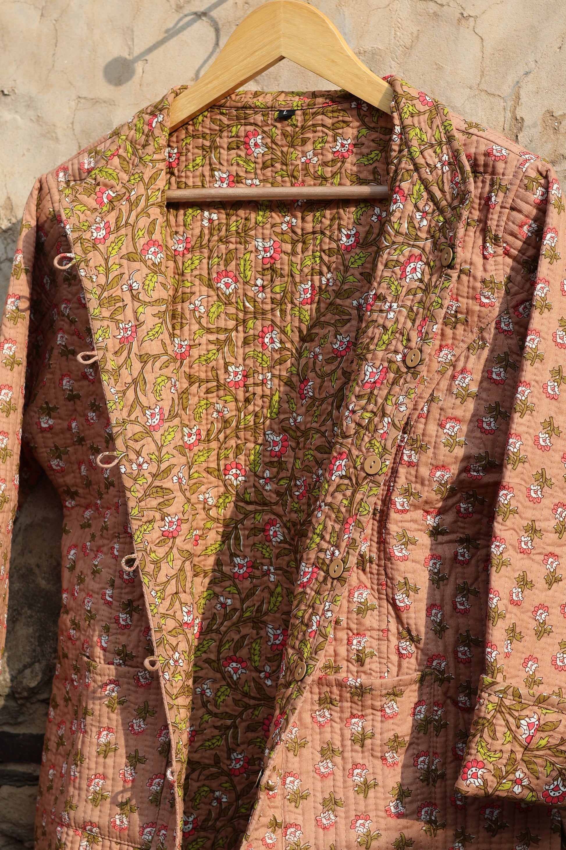 Indian Handmade Quilted Kantha Cotton Fabric Jacket Stylish Brown & Green Floral Women's Coat, Reversible Waistcoat for Her