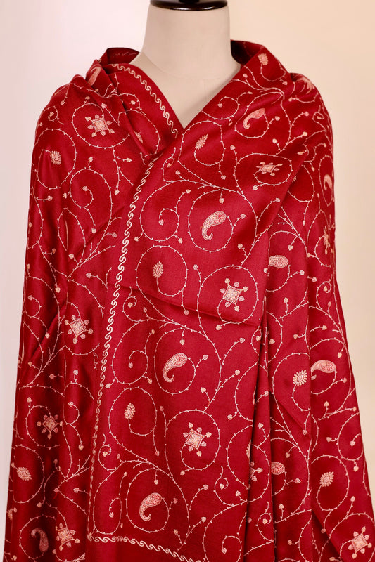 Red Pashmina Cashmere Shawl, Sozni Embroidery Kashmiri Pashmina Silk Shawl, Premium Cashmere Scarfs, Soft & Warm Shawls, Christmas Gift