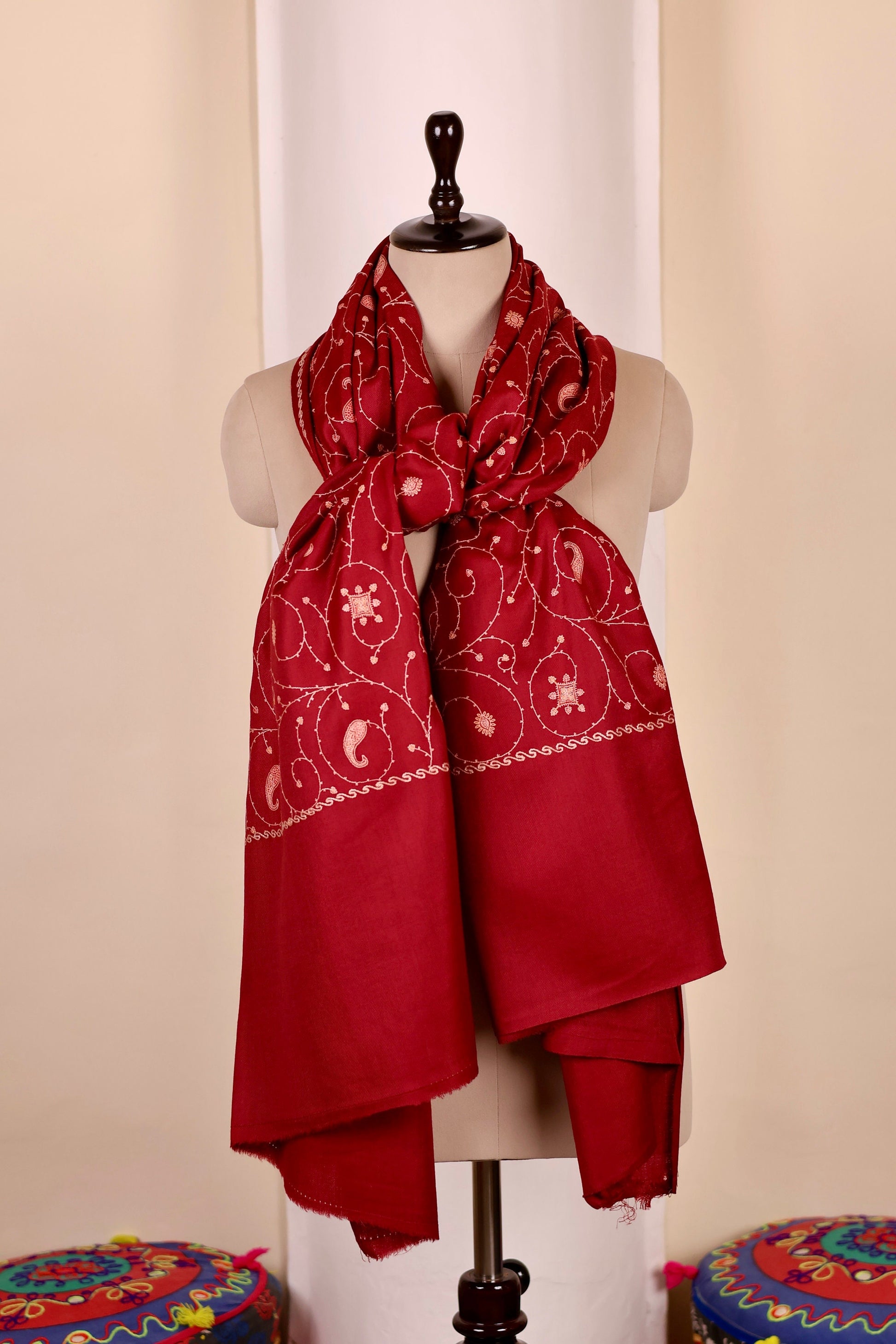 Red Pashmina Cashmere Shawl, Sozni Embroidery Kashmiri Pashmina Silk Shawl, Premium Cashmere Scarfs, Soft & Warm Shawls, Christmas Gift