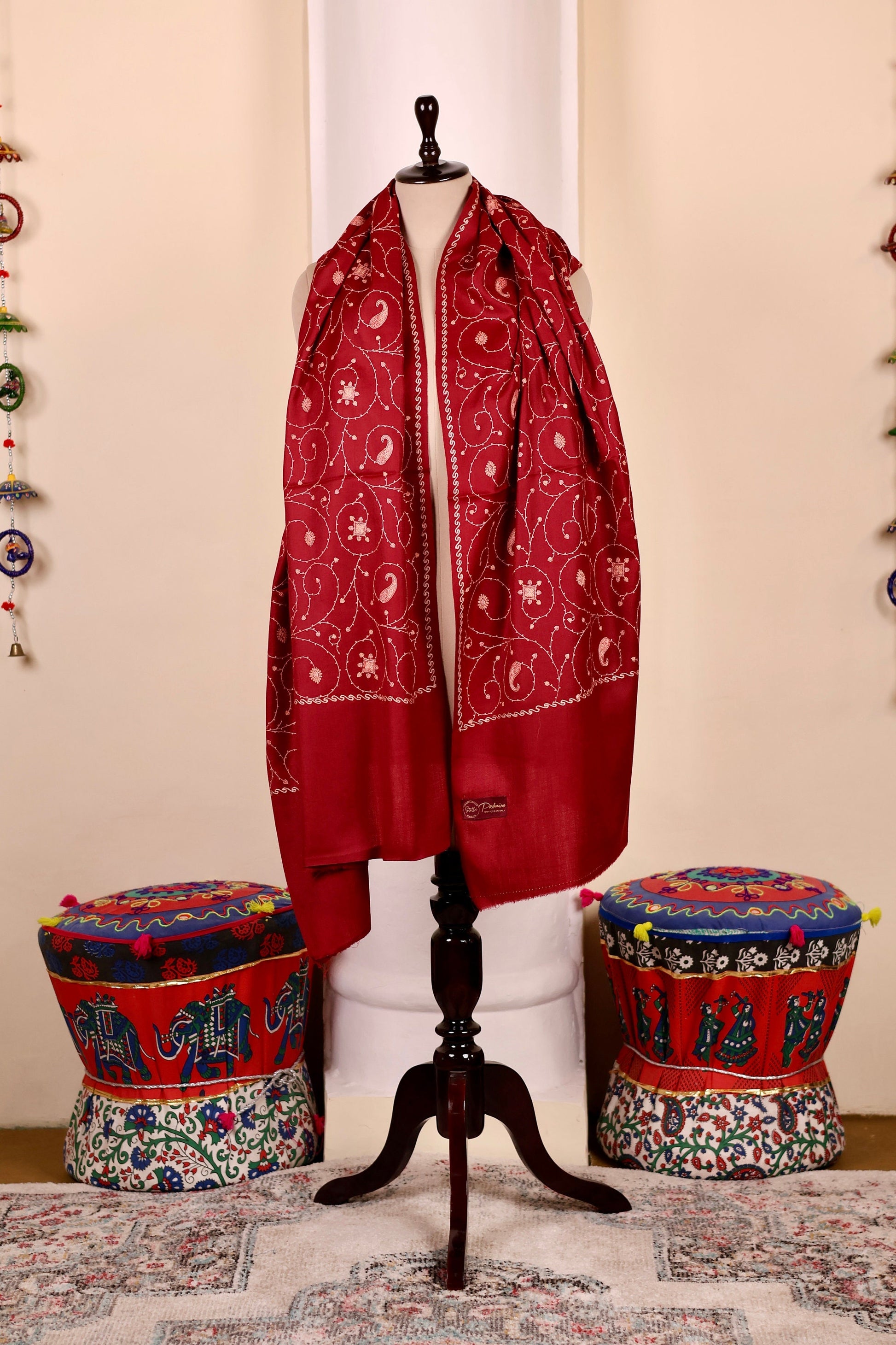 Red Pashmina Cashmere Shawl, Sozni Embroidery Kashmiri Pashmina Silk Shawl, Premium Cashmere Scarfs, Soft & Warm Shawls, Christmas Gift