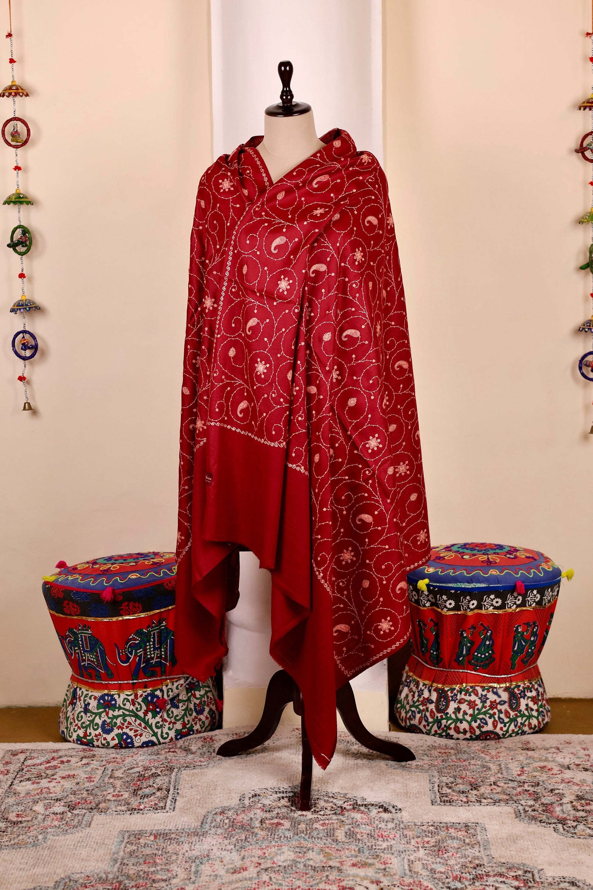 Red Pashmina Cashmere Shawl, Sozni Embroidery Kashmiri Pashmina Silk Shawl, Premium Cashmere Scarfs, Soft & Warm Shawls, Christmas Gift