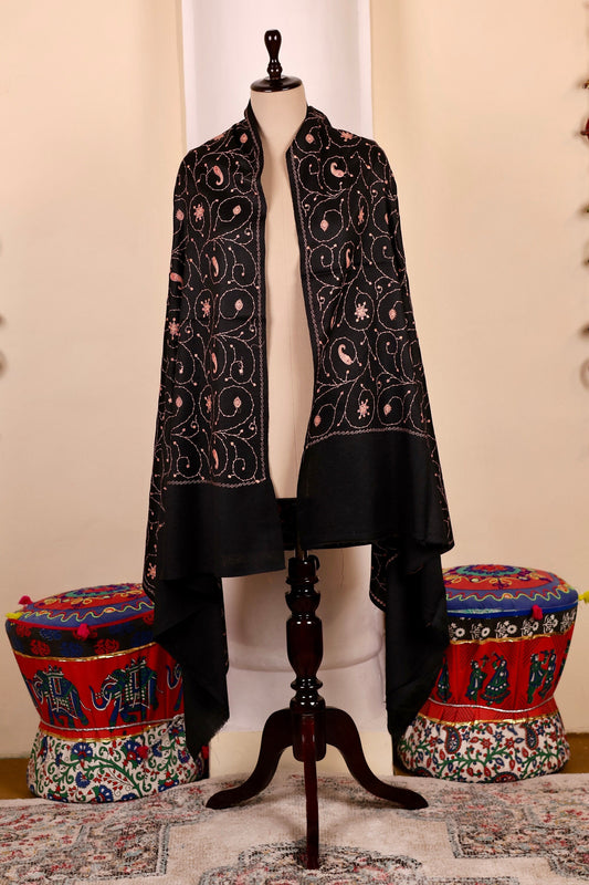 Black Pashmina Cashmere Shawl, Sozni Embroidery Kashmiri Pashmina Silk Shawl, Premium Cashmere Scarfs, Soft & Warm Shawls, Christmas Gift
