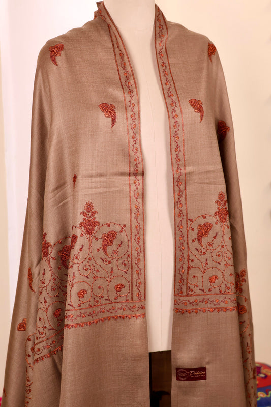 Brown Pashmina Cashmere Shawl, Sozni Embroidery Kashmiri Pashmina Silk Shawl, Premium Cashmere Scarfs, Soft & Warm Shawls, Christmas Gift