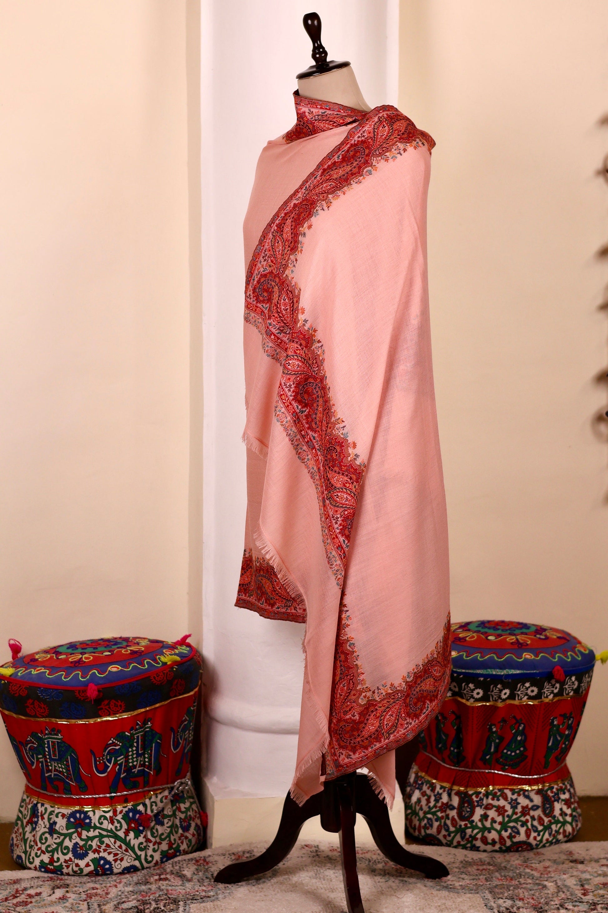 Pink Pashmina Cashmere Shawl, Kalamkari Embroidery Kashmiri Pashmina Silk Shawl, Premium Cashmere Scarfs, Soft & Warm Shawls, Christmas Gift
