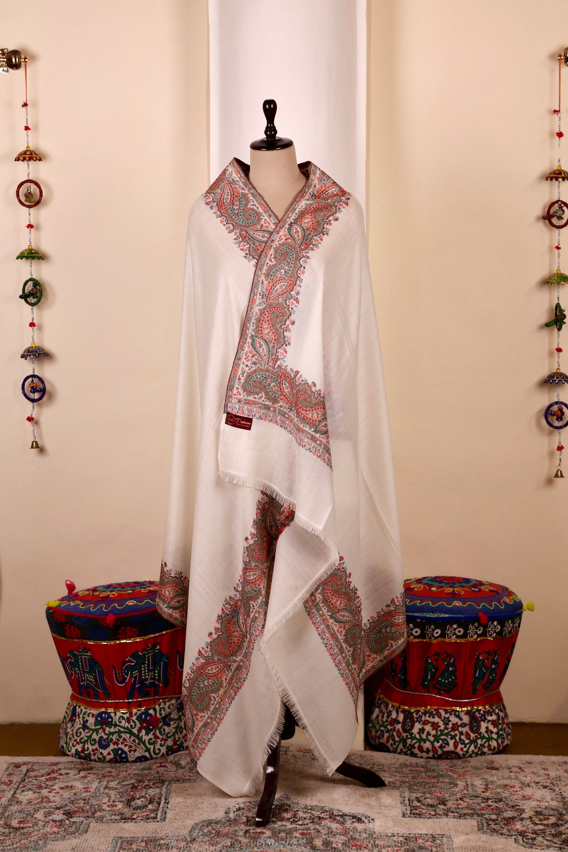 White Pashmina Cashmere Shawl, Kalamkari Embroidery Kashmiri Pashmina Silk Shawl, Premium Cashmere Scarfs, Soft & Warm Shawls Christmas Gift