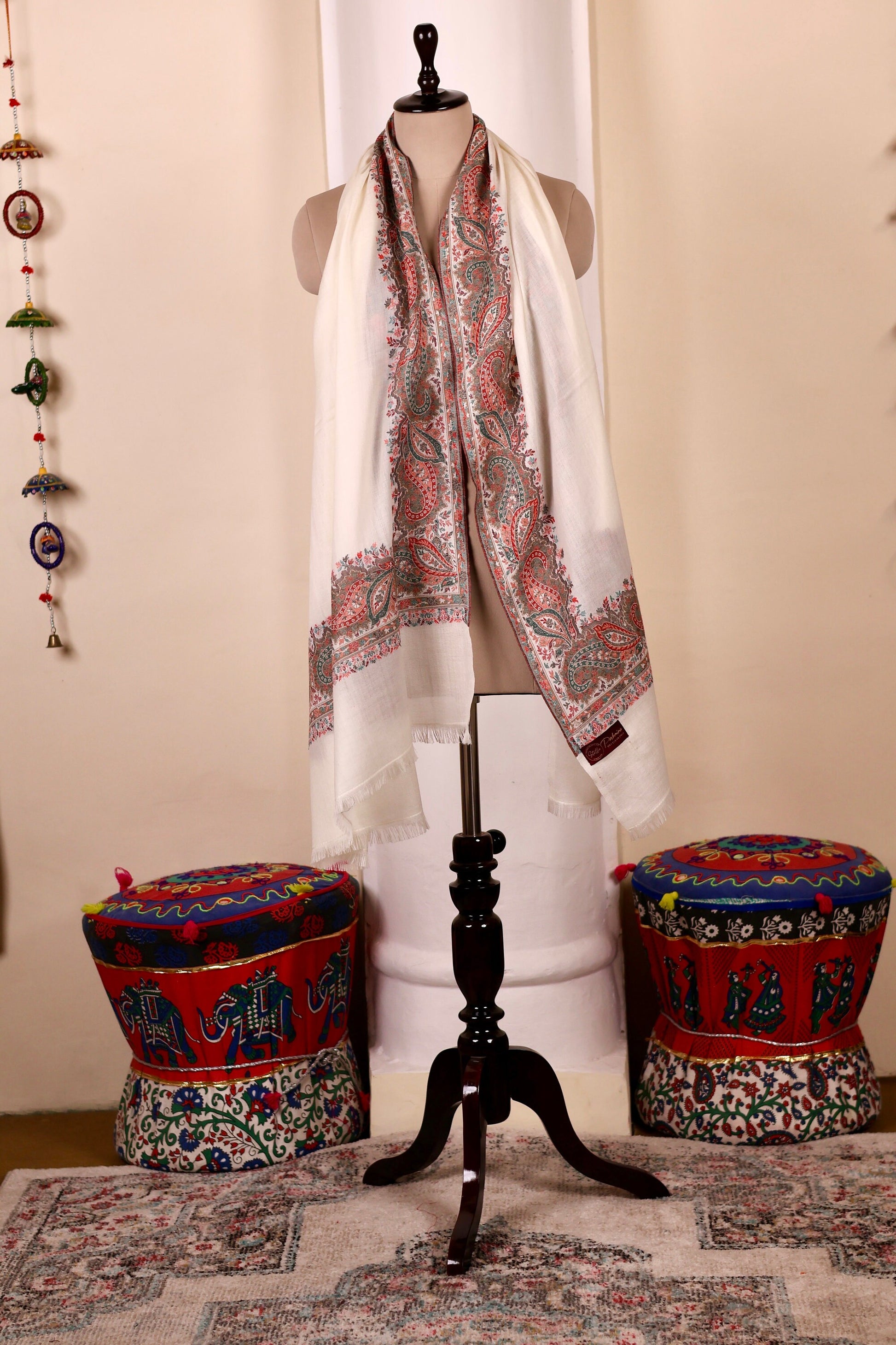 White Pashmina Cashmere Shawl, Kalamkari Embroidery Kashmiri Pashmina Silk Shawl, Premium Cashmere Scarfs, Soft & Warm Shawls Christmas Gift