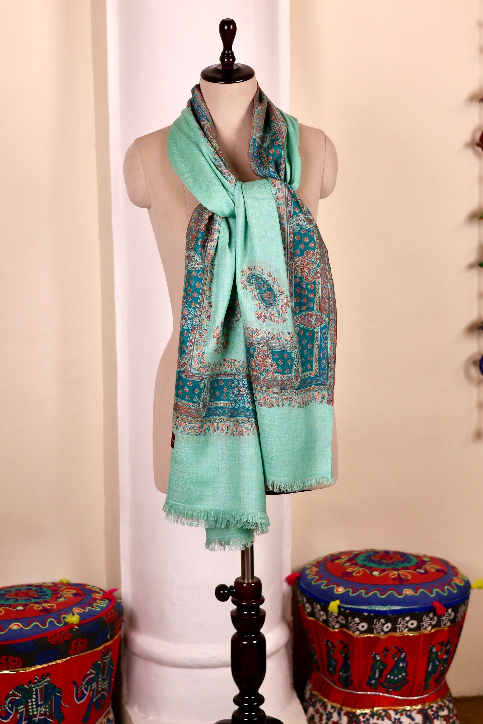 Green Pashmina Cashmere Shawl, Kalamkari Kashmiri Pashmina Silk Shawl, Premium Cashmere Scarfs, Soft & Warm Shawls Christmas Gift